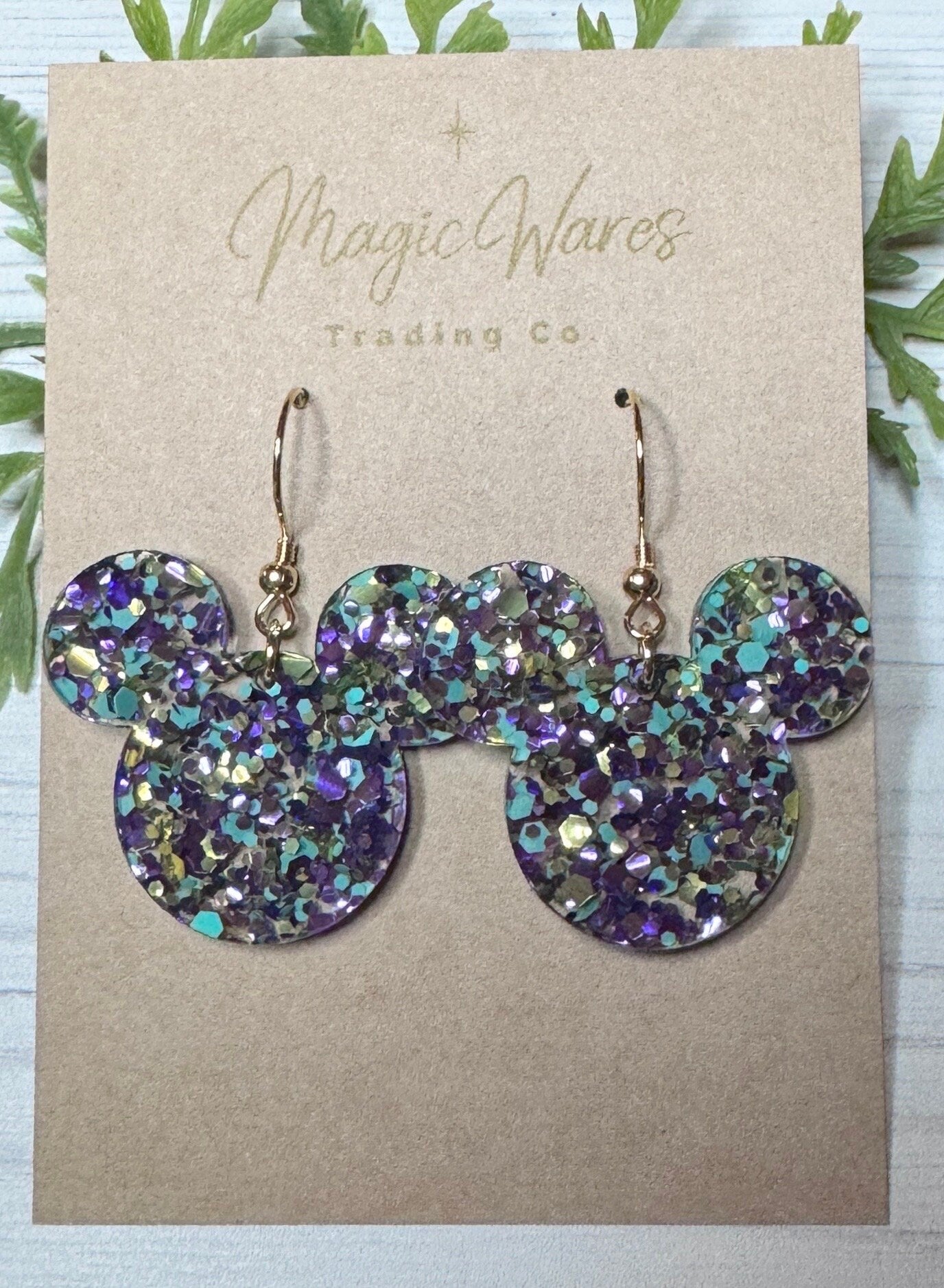 Spellbound Chunky Glitter, Purple Mint and Gold Chunky Glitter Mouse head shaped Dangle Earrings, Laser cut Glitter Acrylic Earrings