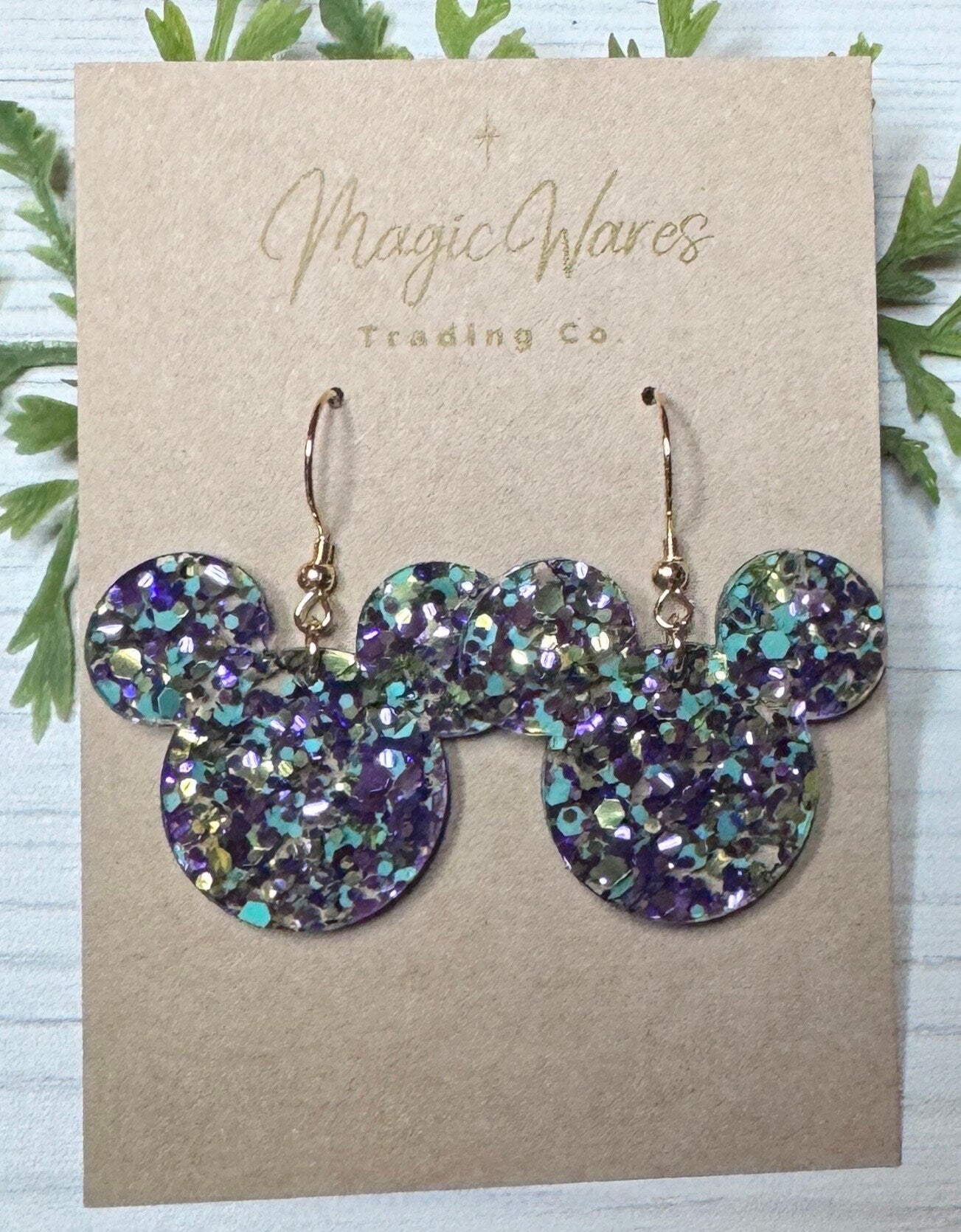 Spellbound Chunky Glitter, Purple Mint and Gold Chunky Glitter Mouse head shaped Dangle Earrings, Laser cut Glitter Acrylic Earrings