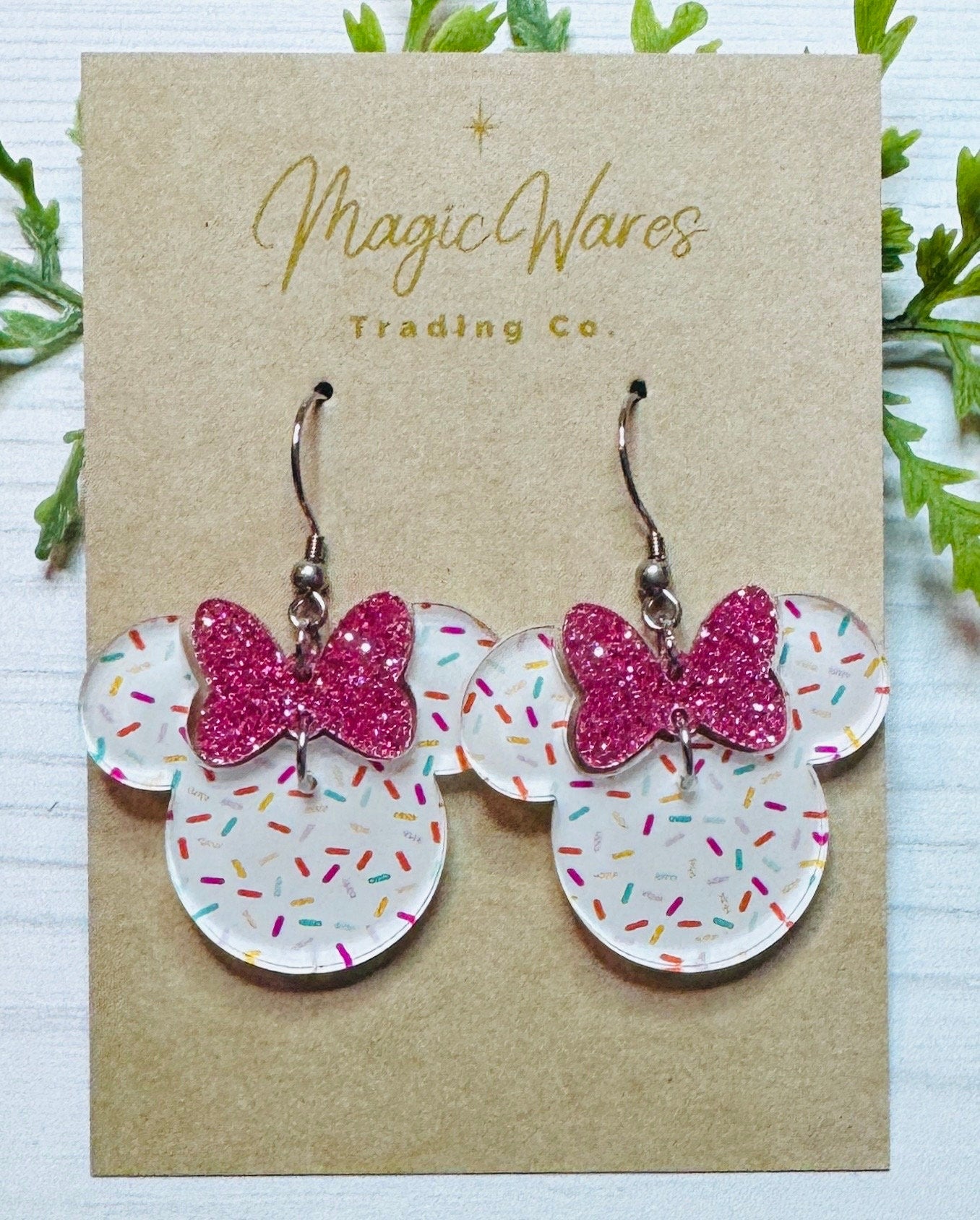White Sprinkles Pink Glitter Minnie Bow Dangle Earrings, Laser Acrylic Earrings Sprinkles with White background