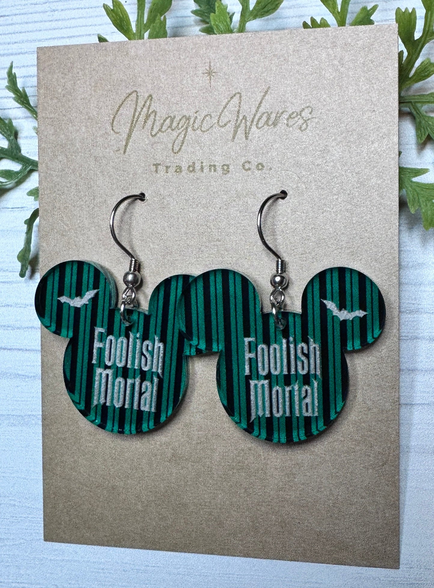 Foolish Mortal Engraved Dangle Earrings, Laser Cut Green and Black Striped patterned Crystal Acrylic Earrings, Dangle Earrings HM inspired