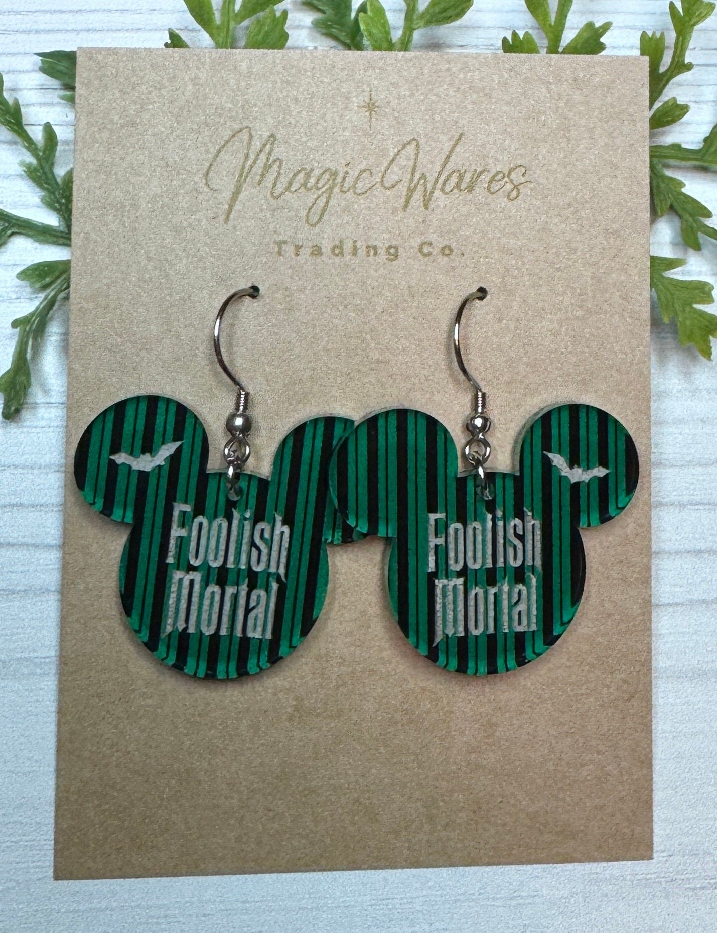 Foolish Mortal Engraved Dangle Earrings, Laser Cut Green and Black Striped patterned Crystal Acrylic Earrings, Dangle Earrings HM inspired