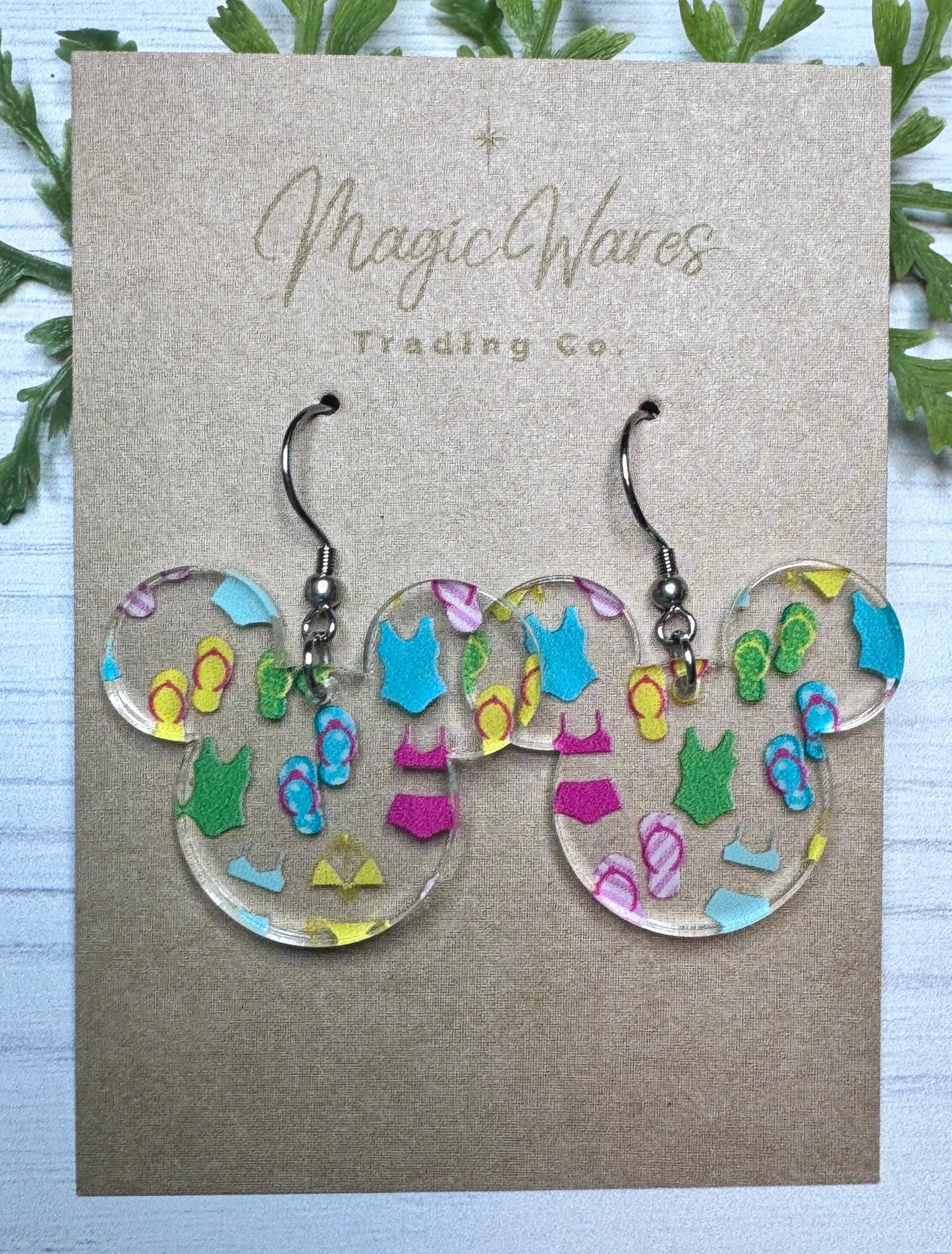 Pool Day Mouse head Laser Cut Earrings, Swimsuits and Flip Flops Patterned Acrylic Dangle Earrings, Lightweight acrylic Beach earrings