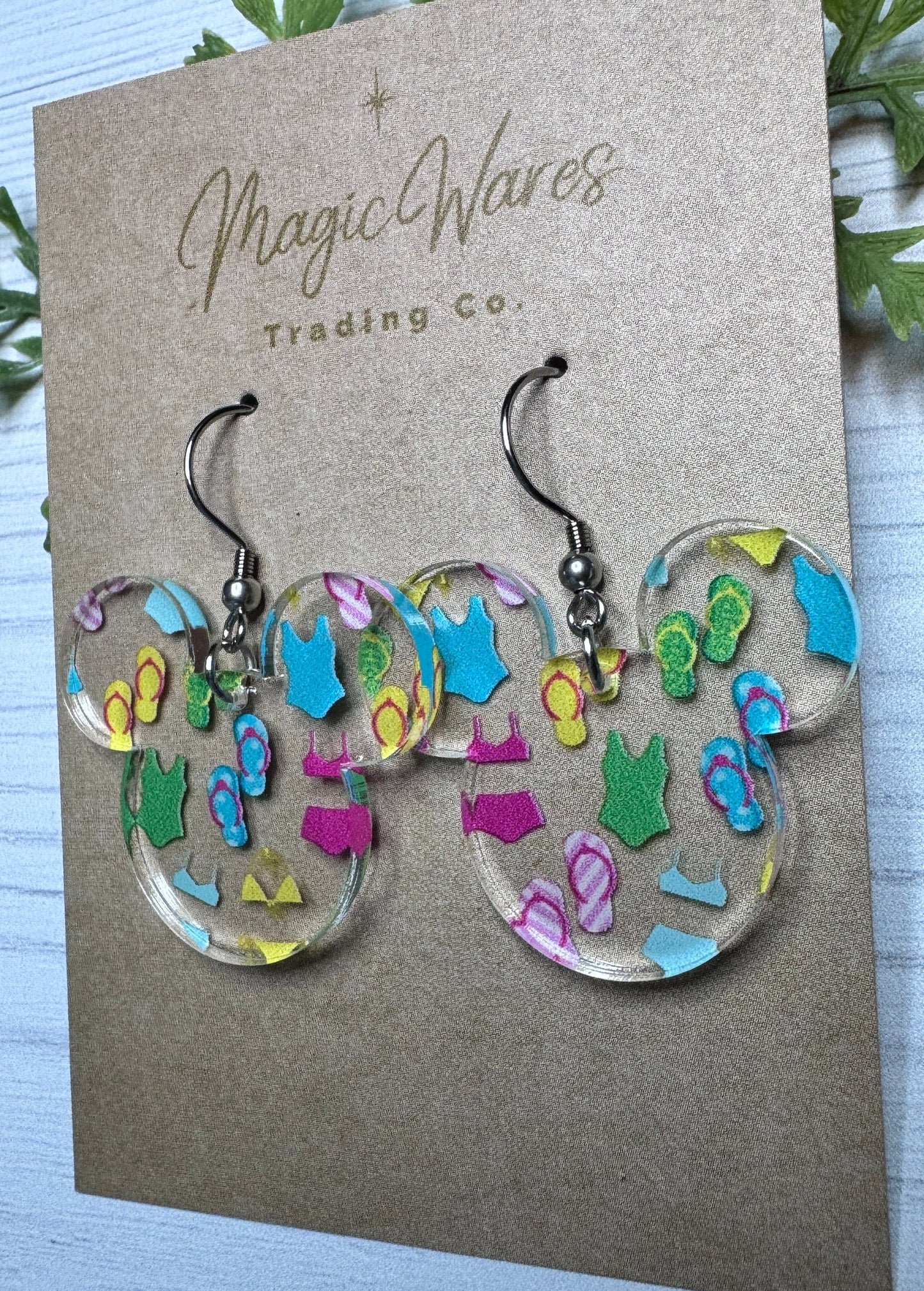 Pool Day Mouse head Laser Cut Earrings, Swimsuits and Flip Flops Patterned Acrylic Dangle Earrings, Lightweight acrylic Beach earrings