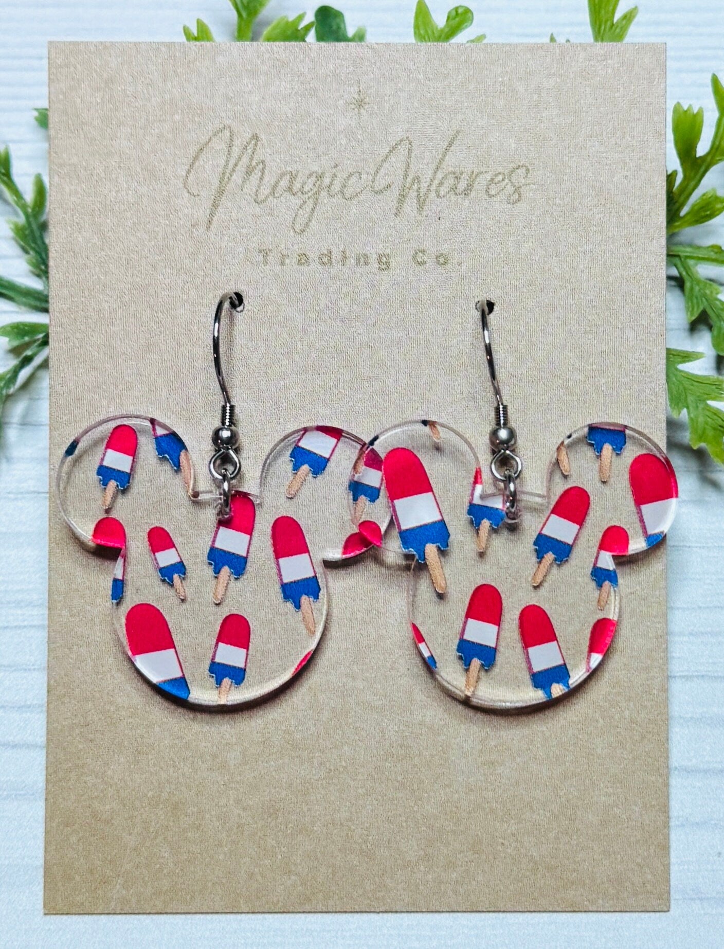 Summer Popsicle Mouse Laser Cut Earrings Red White and Blue Ice Pop Patterned Acrylic Dangle Earrings Summer Earrings