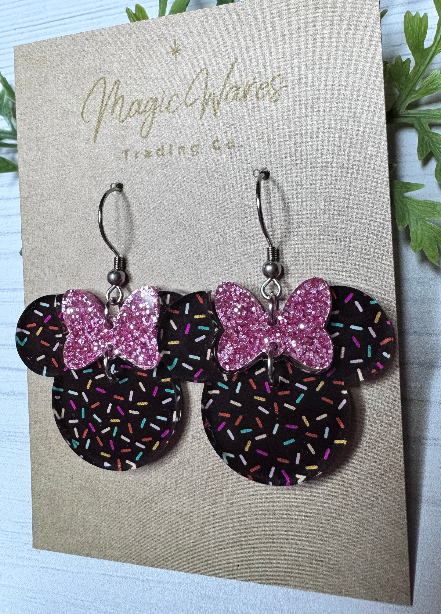Chocolate Sprinkles Pink Glitter Minnie Bow Dangle Earrings, Laser Acrylic Earrings Sprinkles with Brown background Pink Glitter acrylic bow