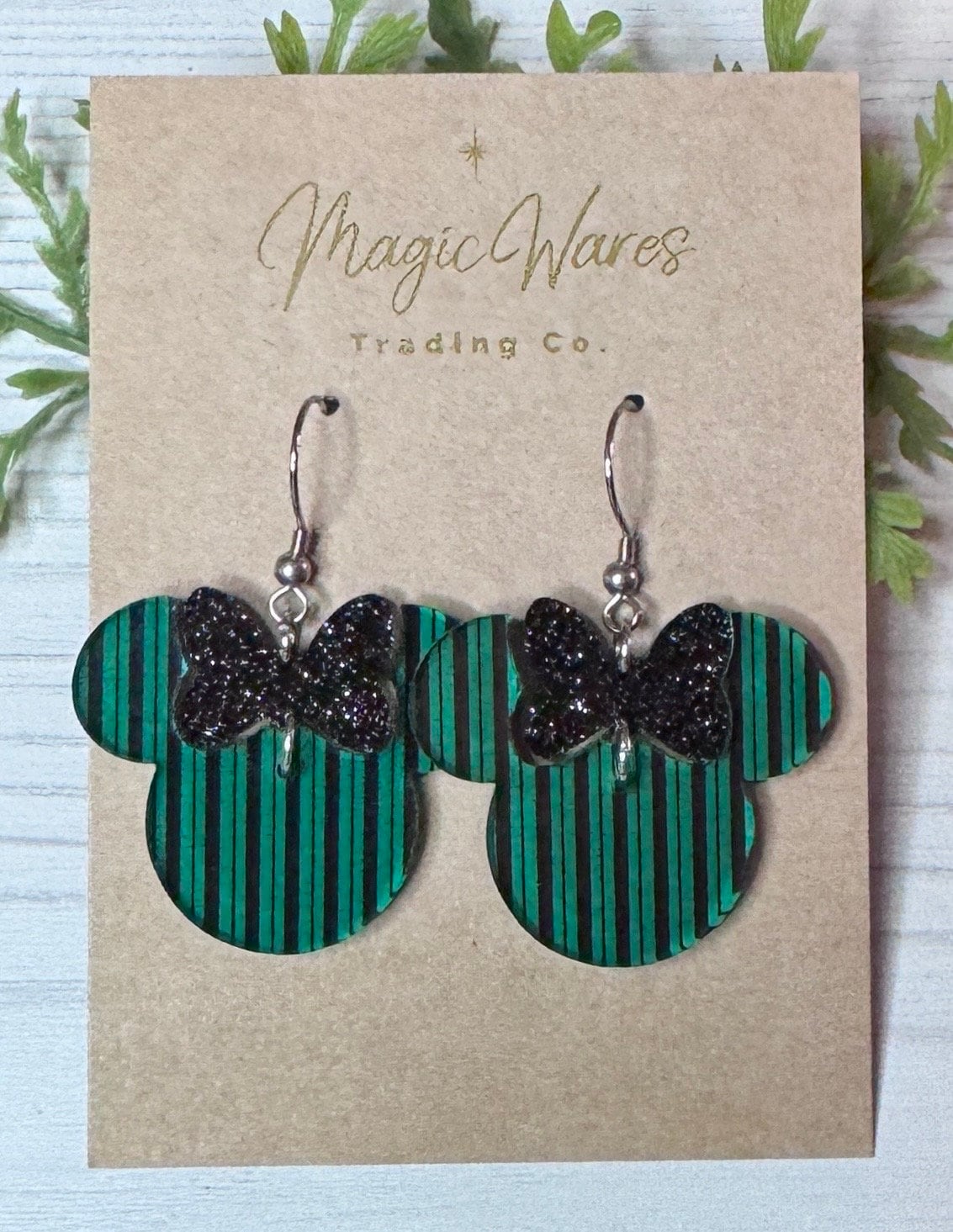 Haunted Minnie, Black Glitter Bow Dangle, Laser cut Green and Black Acrylic Earrings, Haunted Mansion inspired