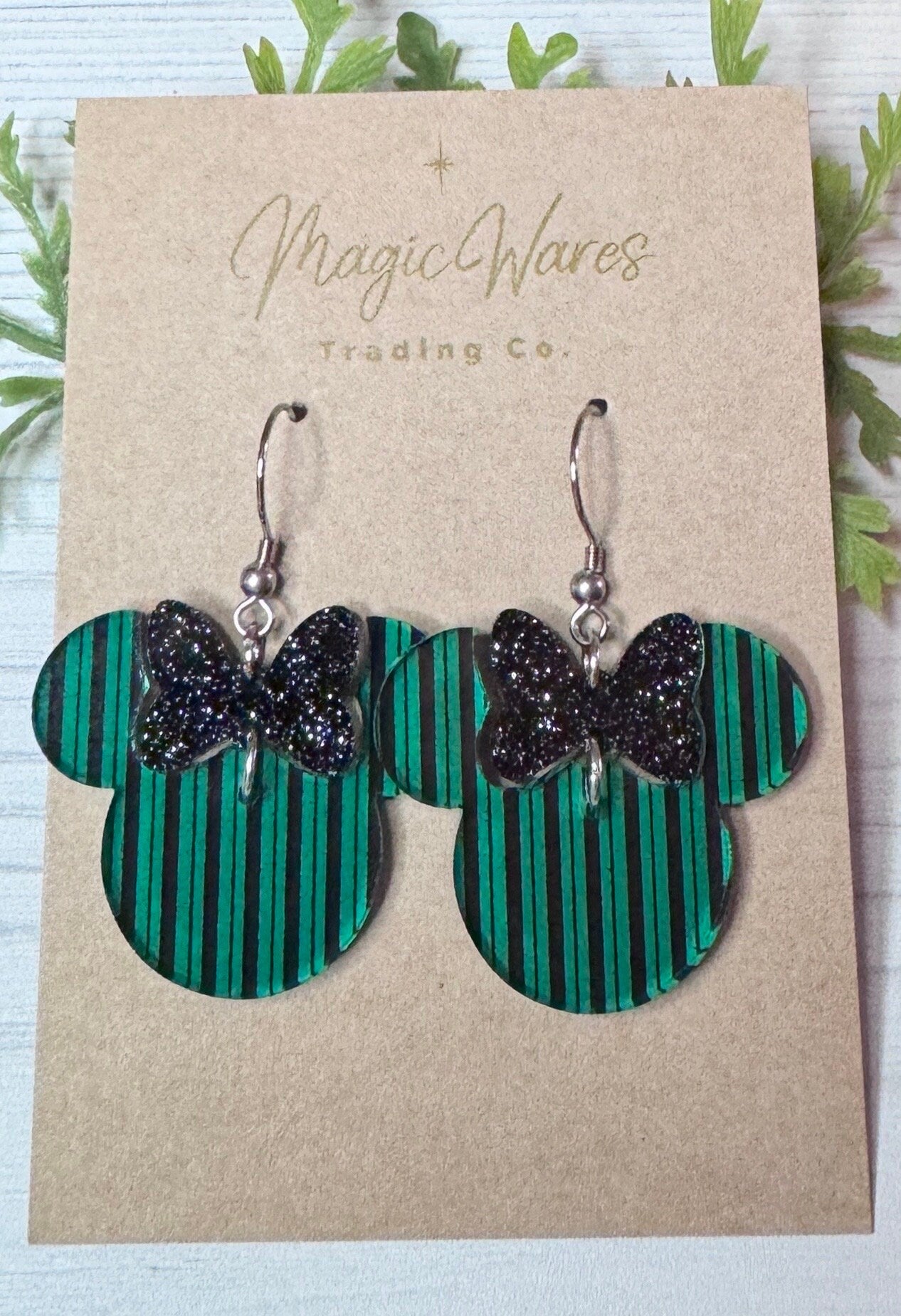 Haunted Minnie, Black Glitter Bow Dangle, Laser cut Green and Black Acrylic Earrings, Haunted Mansion inspired