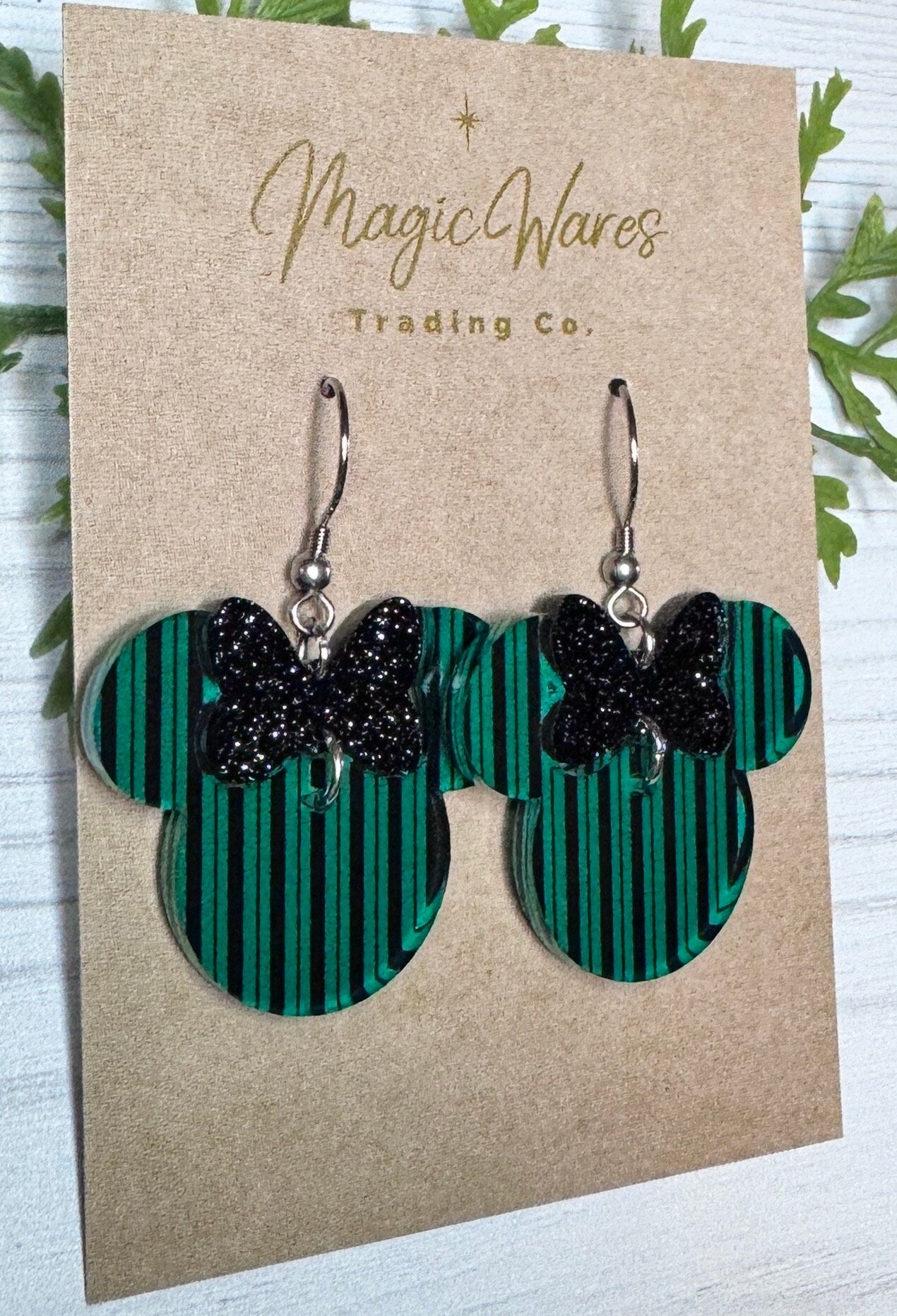 Haunted Minnie, Black Glitter Bow Dangle, Laser cut Green and Black Acrylic Earrings, Haunted Mansion inspired