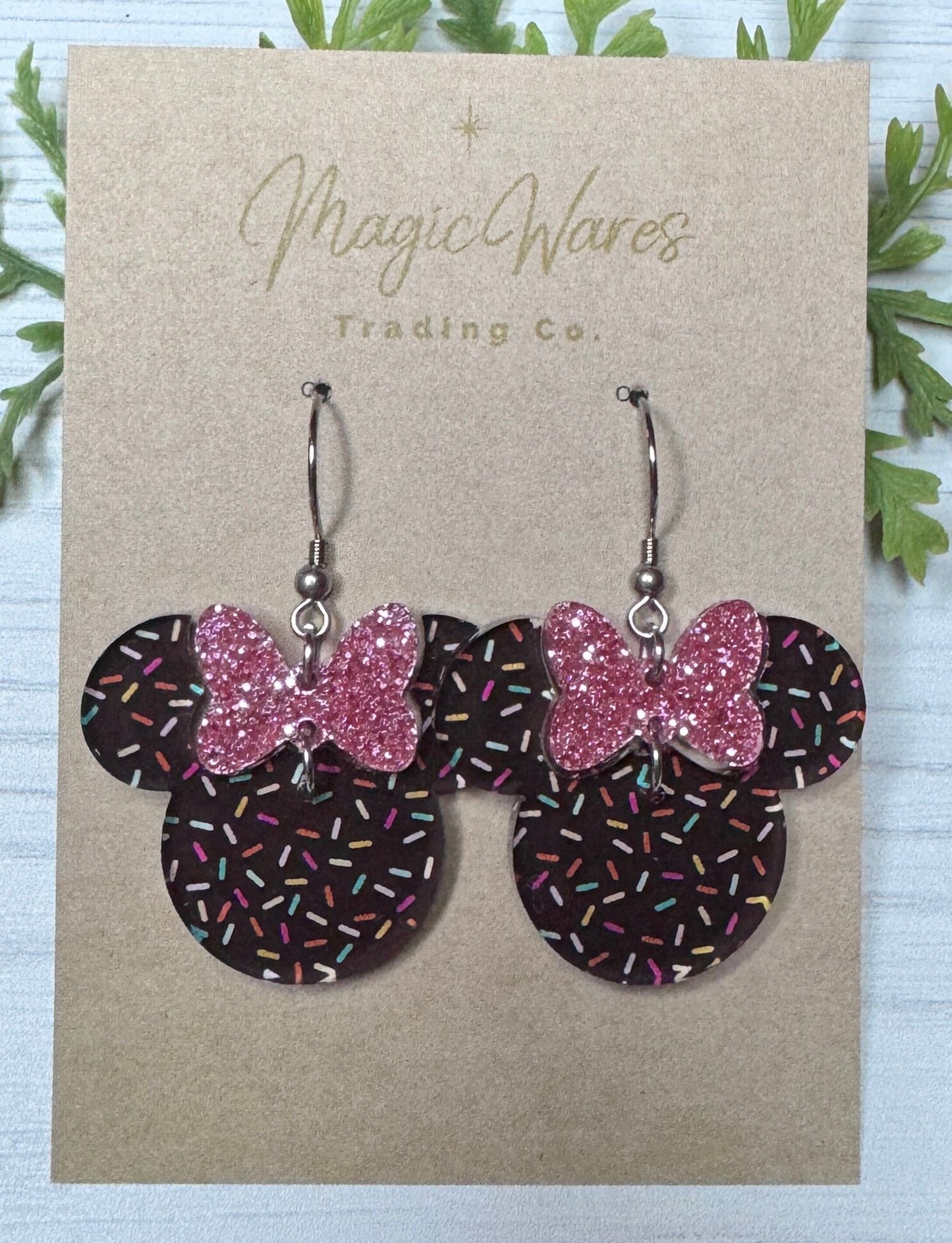 Chocolate Sprinkles Pink Glitter Minnie Bow Dangle Earrings, Laser Acrylic Earrings Sprinkles with Brown background Pink Glitter acrylic bow