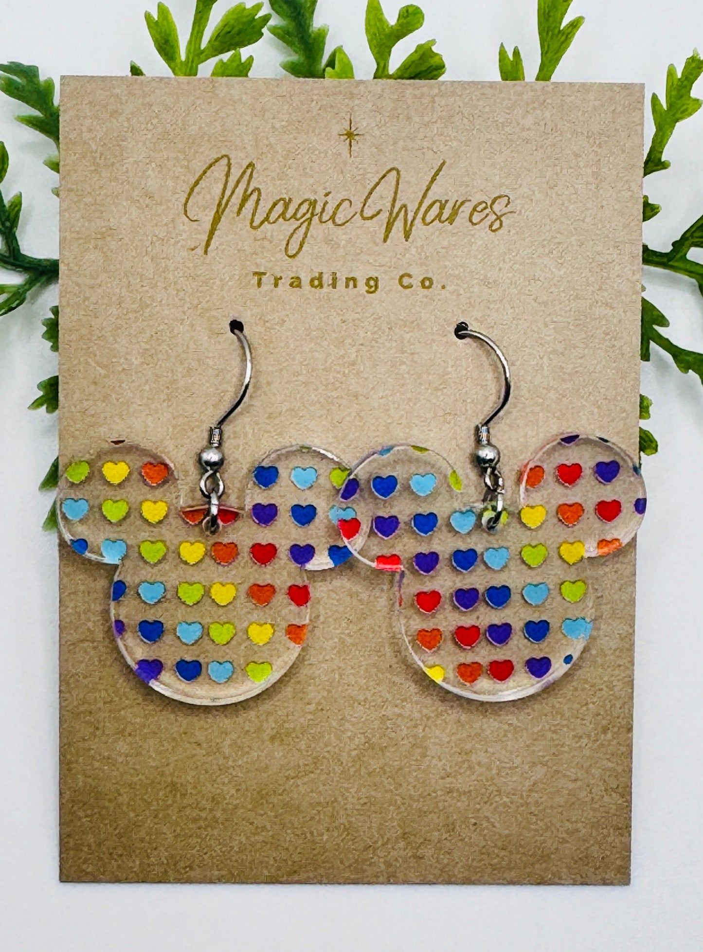 Rainbow Hearts Mouse head Laser Cut Patterned Crystal Acrylic Earrings, Pride Earrings, Vacation Earrings, Pride Month