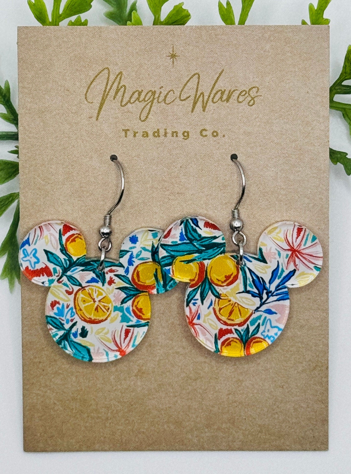 Watercolor Oranges Mouse head Laser Cut Patterned Crystal Acrylic Earrings, Dangle Earrings, Florida Earrings, Sunshine Seasons