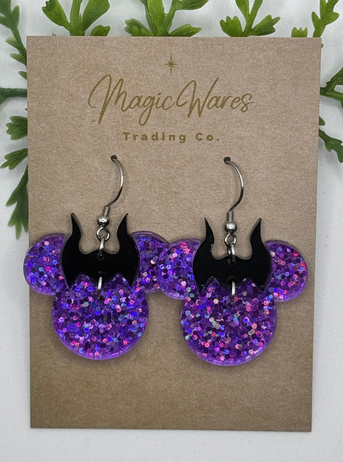 Mistress of Evil Dangle Earrings, Laser cut Holographic Purple Glitter Acrylic Earrings with black horns, Villians Earrings Halloween party