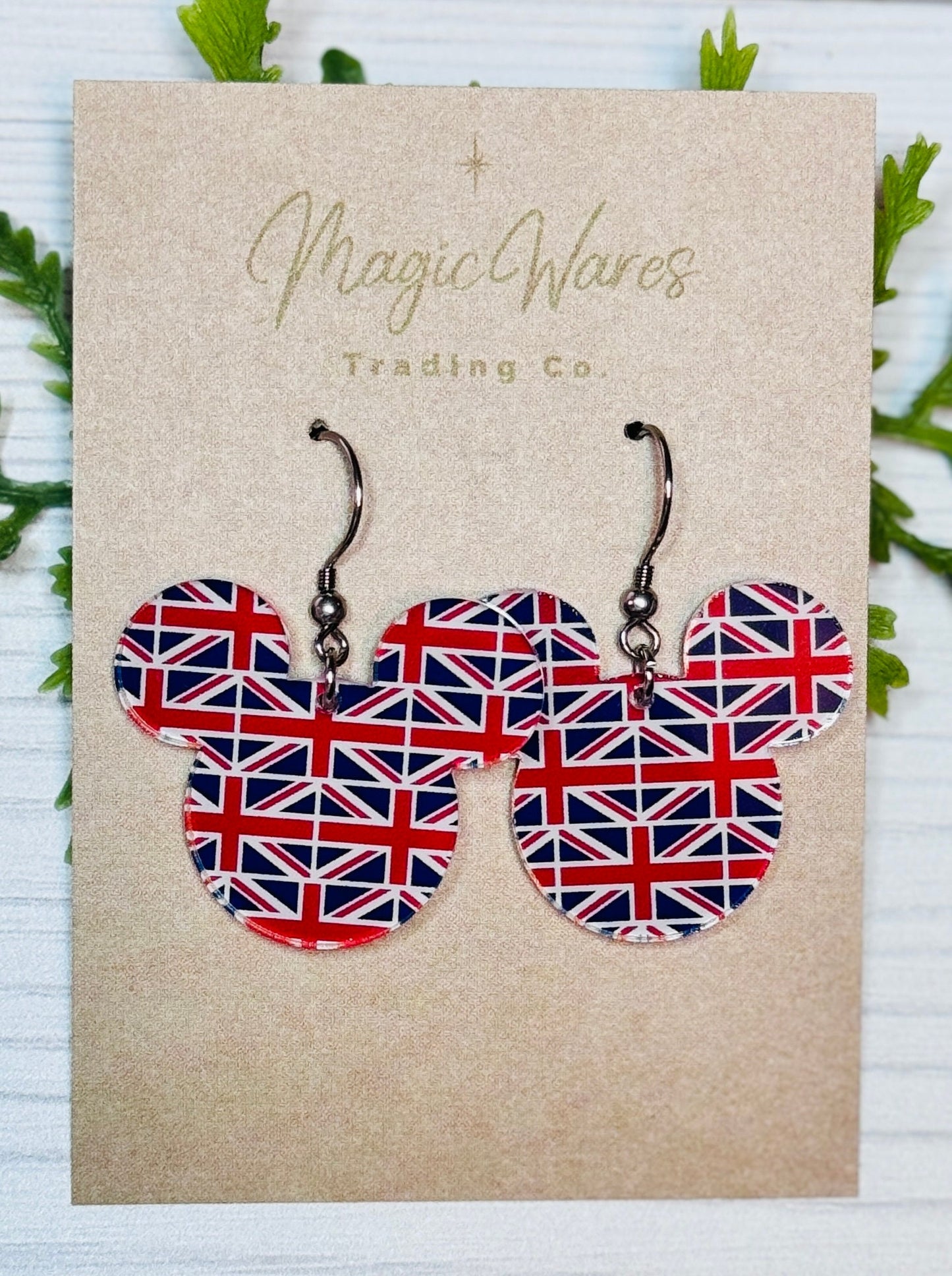 Union Jack Mouse head Dangle Earrings, Laser cut Acrylic Earrings United Kingdom Flag earrings, UK Pavilion Earrings Epcot inspired