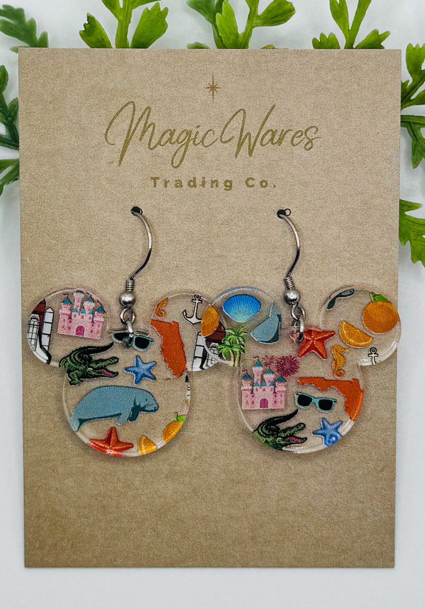 Sunshine State Mouse head Laser Cut Patterned Crystal Acrylic Earrings, Dangle Earrings, Florida Earrings Vacation earrings