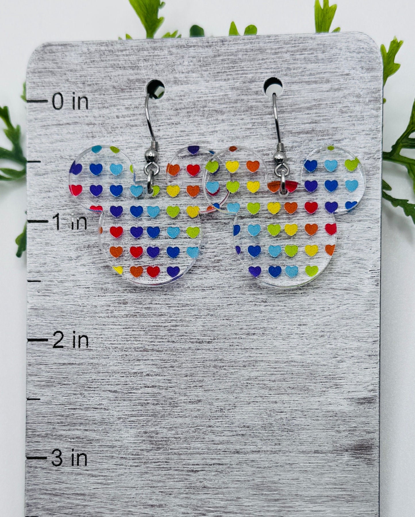 Rainbow Hearts Mouse head Laser Cut Patterned Crystal Acrylic Earrings, Pride Earrings, Vacation Earrings, Pride Month