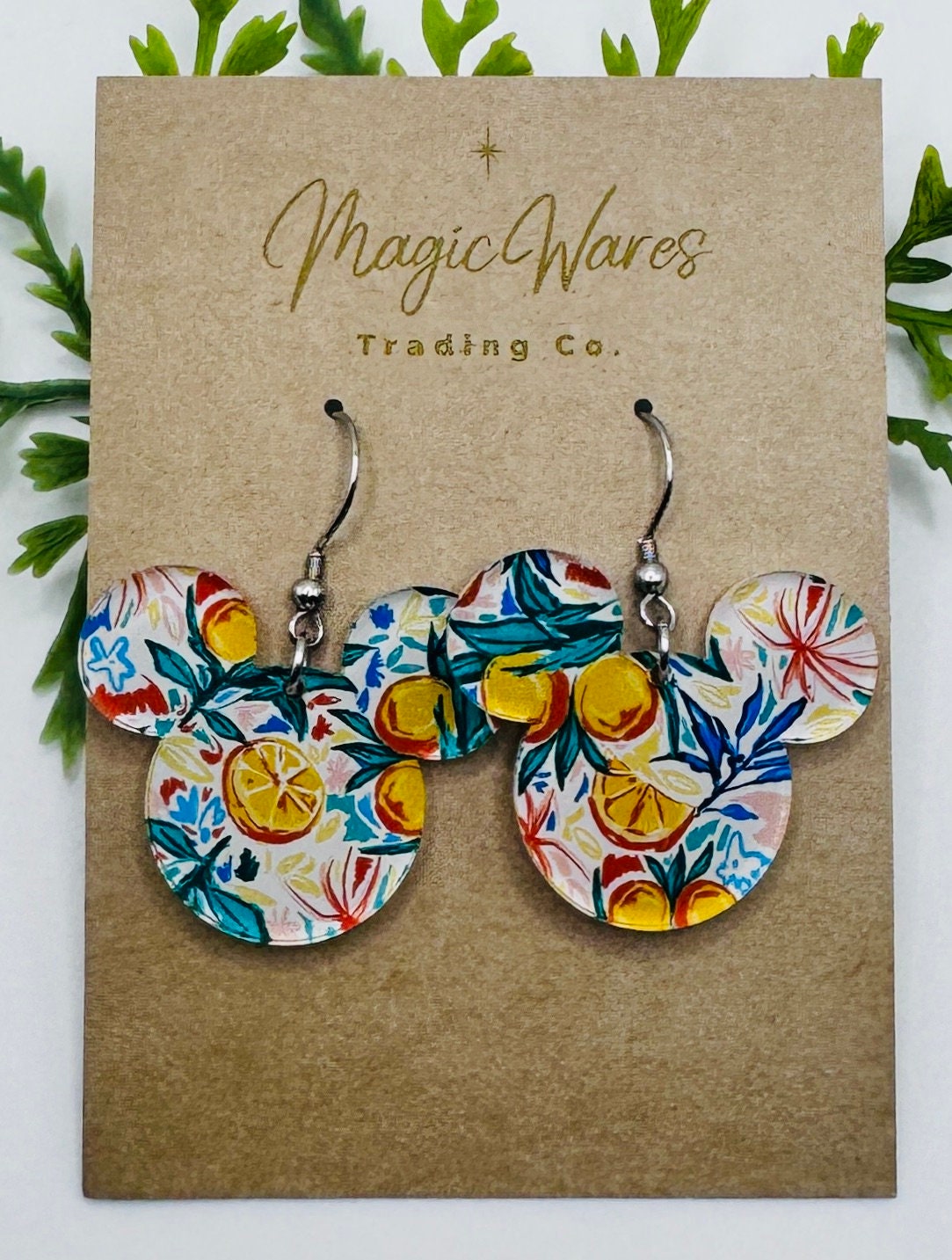 Watercolor Oranges Mouse head Laser Cut Patterned Crystal Acrylic Earrings, Dangle Earrings, Florida Earrings, Sunshine Seasons