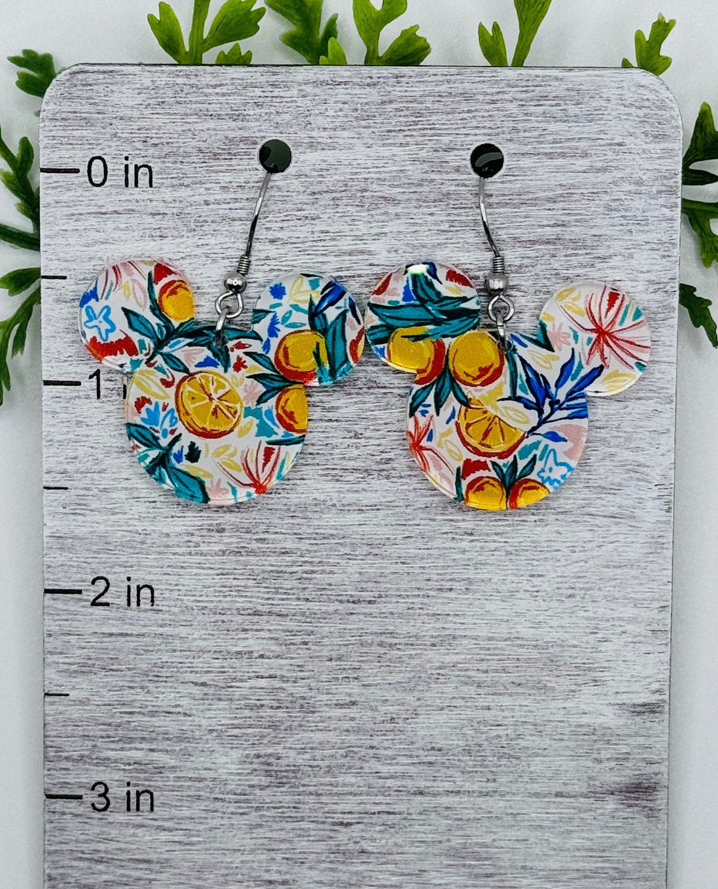 Watercolor Oranges Mouse head Laser Cut Patterned Crystal Acrylic Earrings, Dangle Earrings, Florida Earrings, Sunshine Seasons
