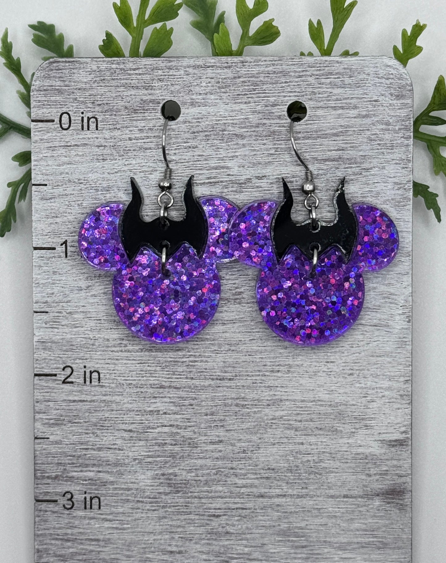 Mistress of Evil Dangle Earrings, Laser cut Holographic Purple Glitter Acrylic Earrings with black horns, Villians Earrings Halloween party