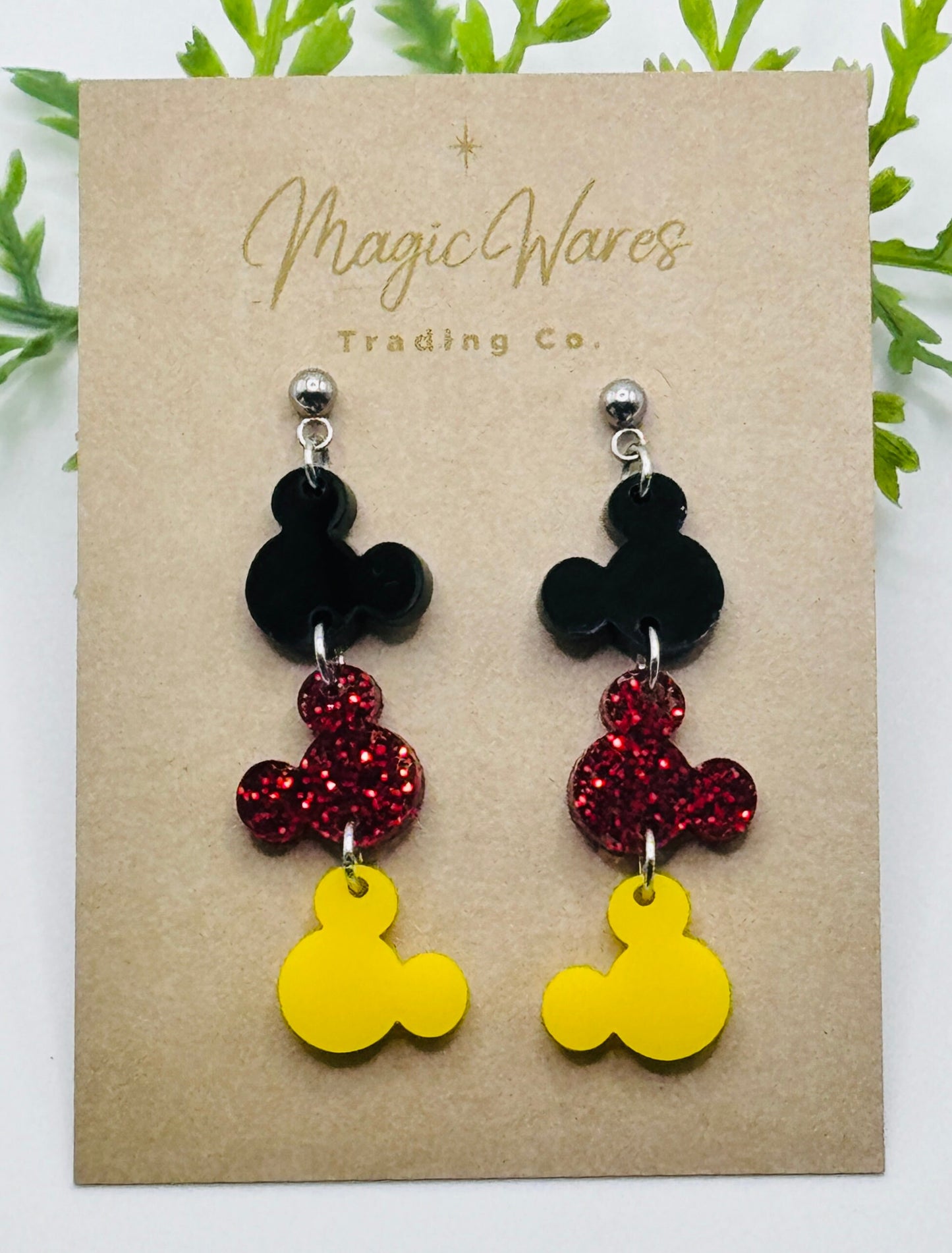 Classic Mouse head Post Dangle Earrings, Laser Cut Post Earrings Black Red glitter and Yellow Acrylic with Silver Post Earrings