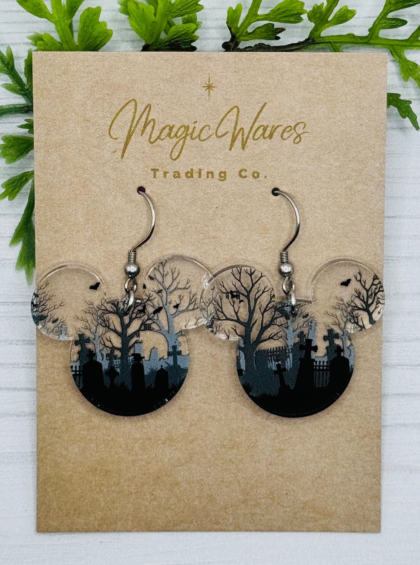 Haunted Graveyard Mouse Laser cut Dangle Earrings, Crystal Acrylic Earrings Halloween earrings, Not so scary Halloween Party earrings