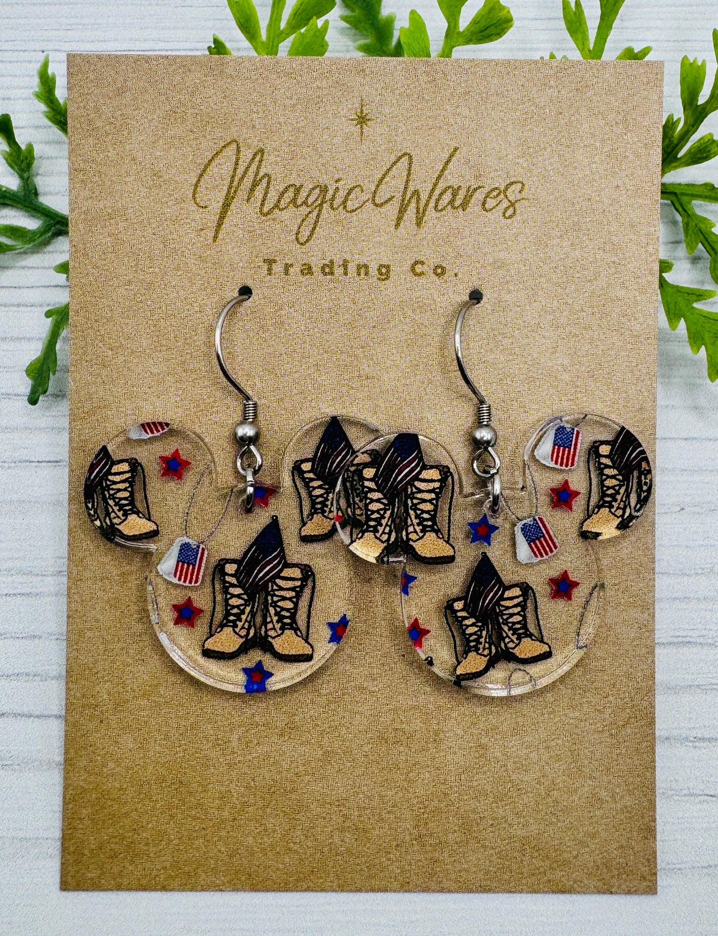 Military Boots Dangle Earrings, Military Pattern on clear acrylic Mouse head shaped Laser cut Acrylic Earrings, Lightweight dangle earrings