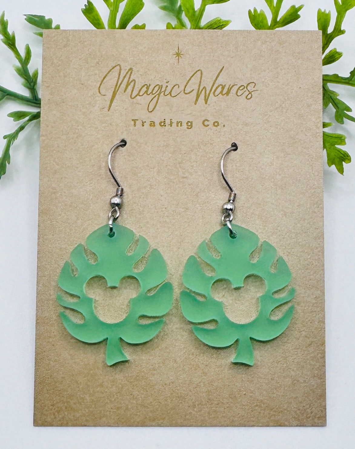 Tropical Monstera Mouse, Laser Cut Light Green Matte Acrylic Earrings, Monstera Leaf Dangle Earrings Polynesian Earrings