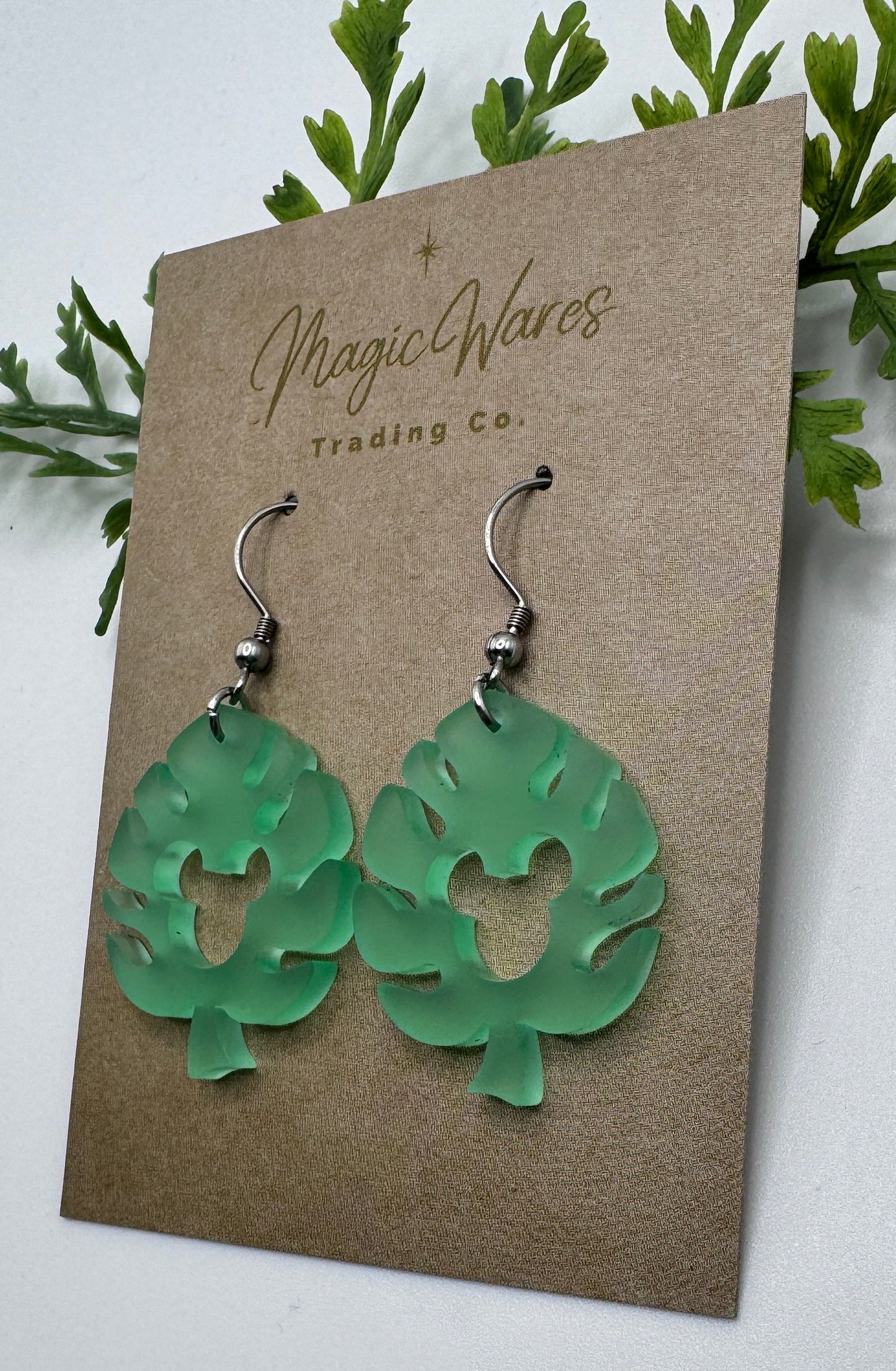 Tropical Monstera Mouse, Laser Cut Light Green Matte Acrylic Earrings, Monstera Leaf Dangle Earrings Polynesian Earrings