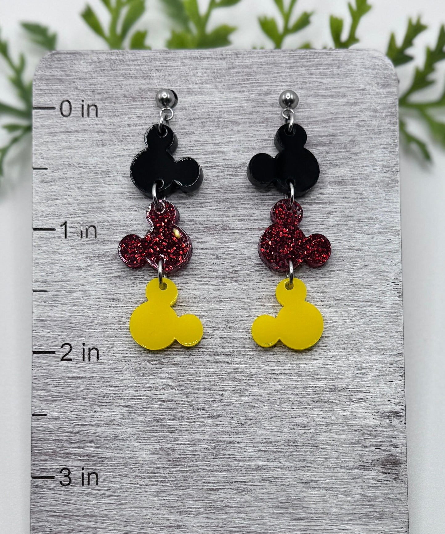 Classic Mouse head Post Dangle Earrings, Laser Cut Post Earrings Black Red glitter and Yellow Acrylic with Silver Post Earrings