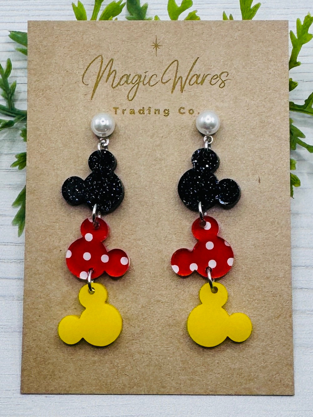 Pearl Mouse head Stud Dangle Earrings, Laser Cut Post Earrings Black glitter Red polka dot and Yellow Acrylic with Pearl Post Earrings