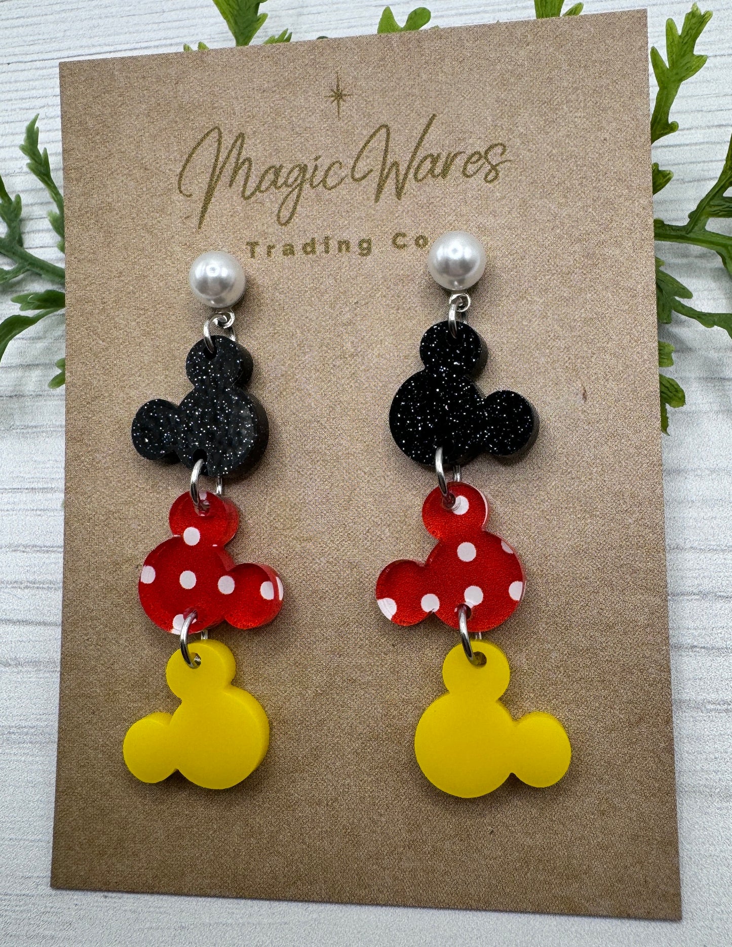 Pearl Mouse head Stud Dangle Earrings, Laser Cut Post Earrings Black glitter Red polka dot and Yellow Acrylic with Pearl Post Earrings