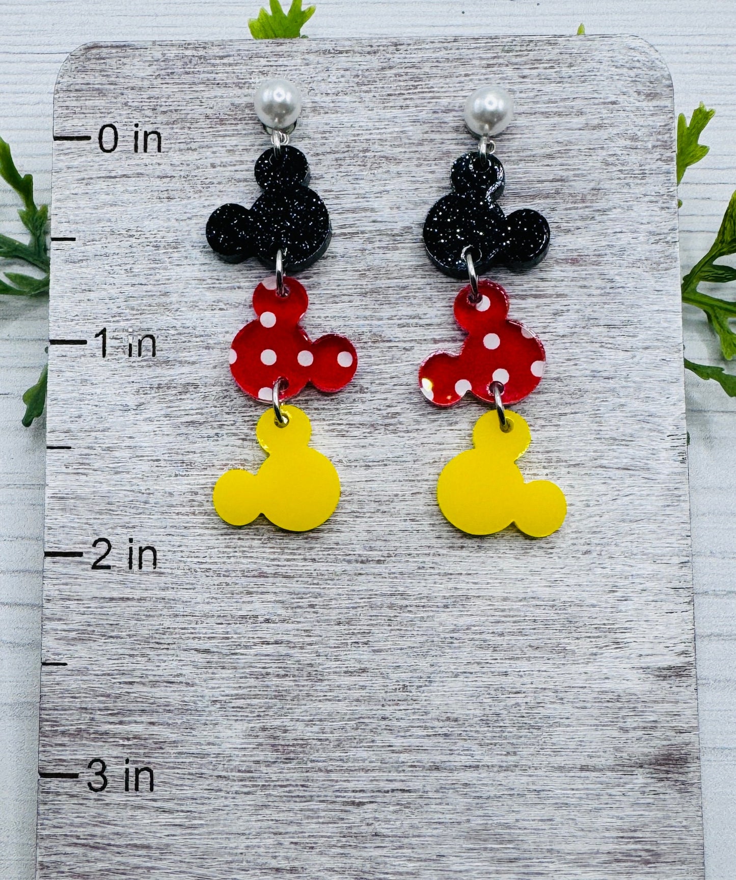 Pearl Mouse head Stud Dangle Earrings, Laser Cut Post Earrings Black glitter Red polka dot and Yellow Acrylic with Pearl Post Earrings