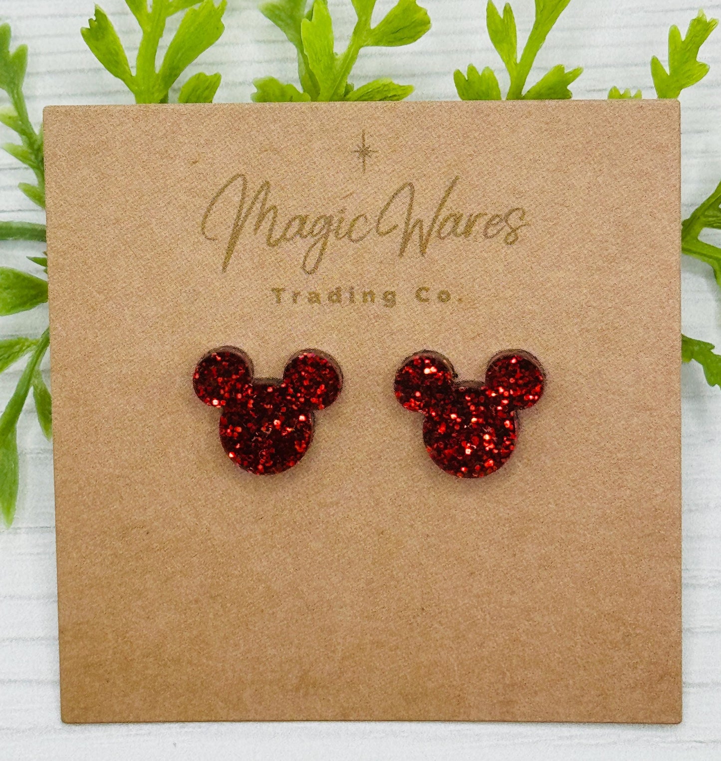 Red Glitter Mouse head Stud Earrings, Red Glitter Laser Cut Post Earrings, Pierced Earlobe Glitter Post earrings