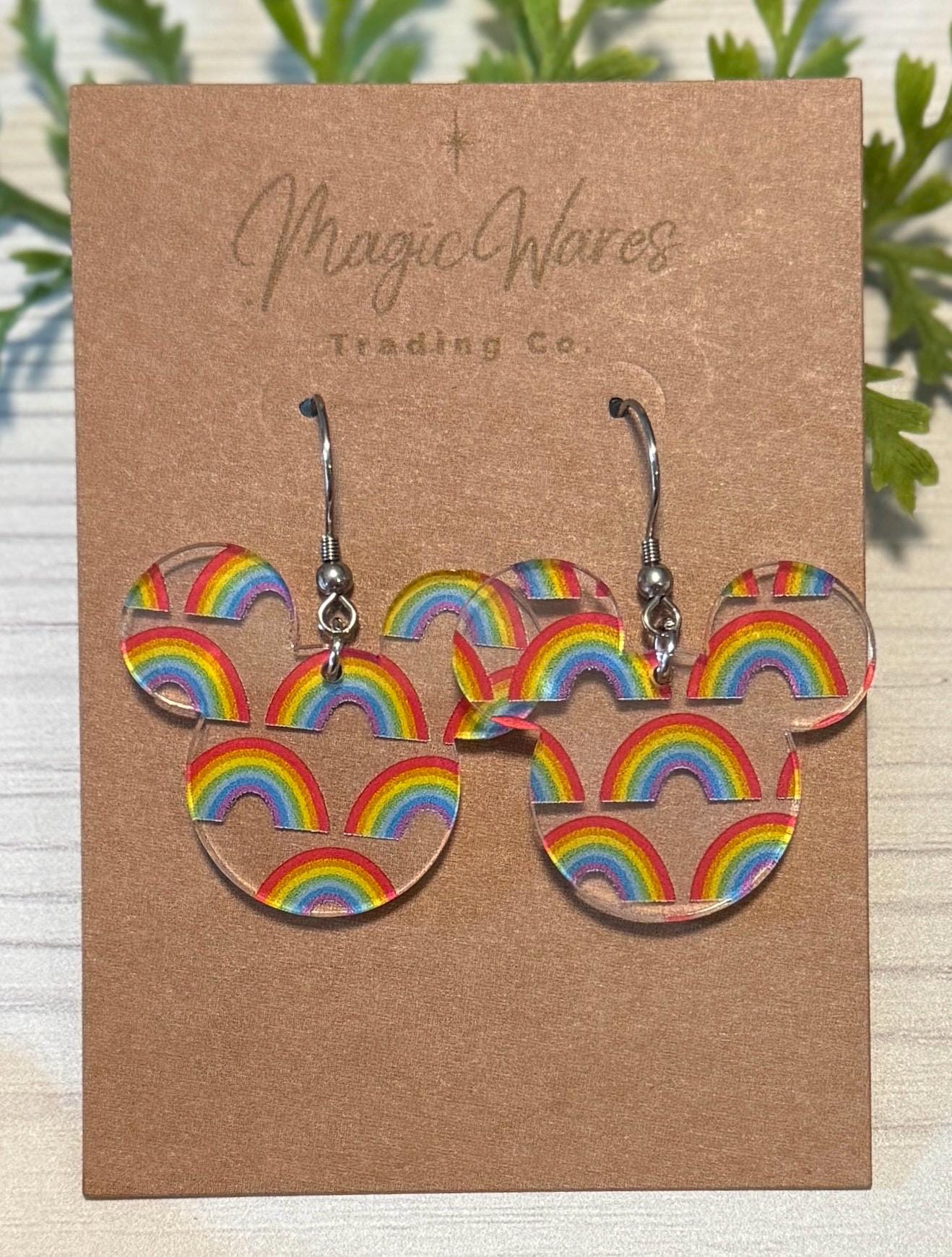 Rainbow Mouse head Laser Cut Dangle Earrings , Rainbow patterned Crystal Acrylic Earrings, Lightweight earrings