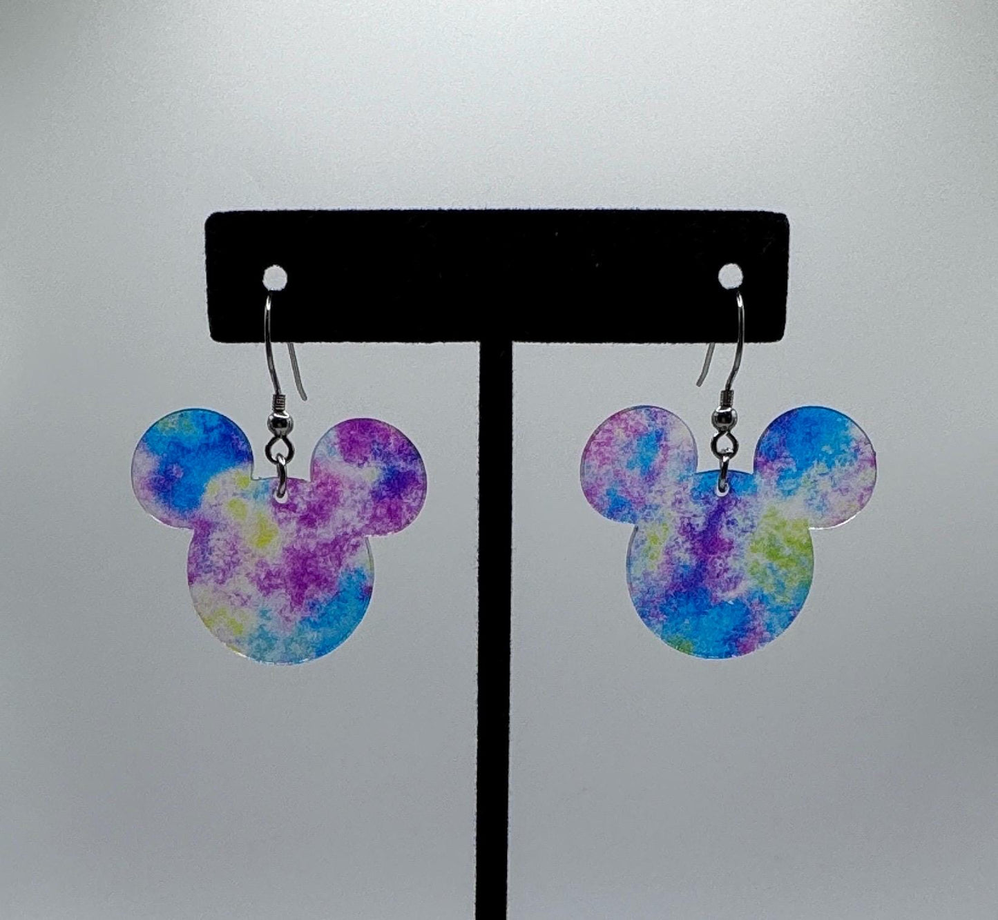 Transparent Tie Dye Mouse head Laser Cut Dangle Earrings , colorful Tie Dye patterned Crystal Acrylic Earrings, Lightweight earrings