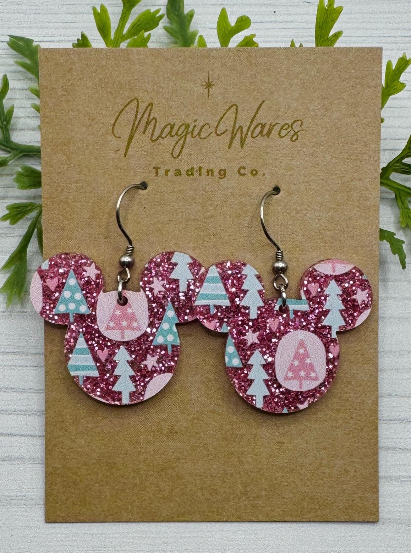 Jollywood Christmas Pink Glitter Mousehead Acrylic Earrings, Pastel Christmas Tree print on Pink Glitter Acrylic, Christmas party earrings