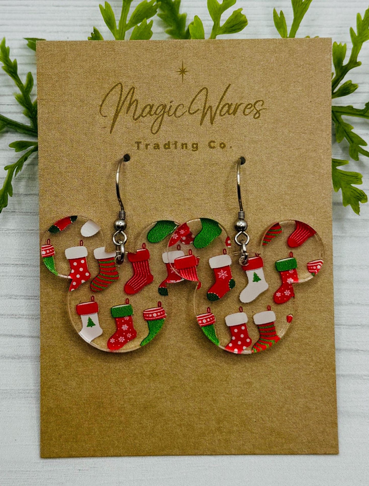 Christmas Stockings Mousehead Laser Cut Earrings, Stockings patterned Crystal Acrylic Earrings, Christmas Party Earrings