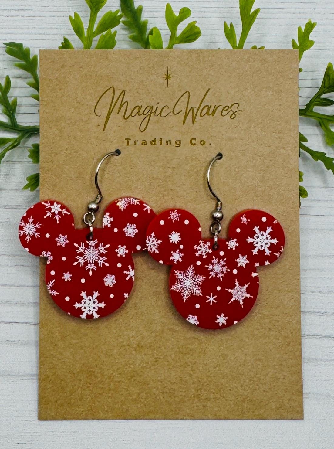 Red Snowflakes Mouse head Laser Cut Dangle Earrings, Red Acrylic with white Snowflakes Earrings, Christmas Party Earrings