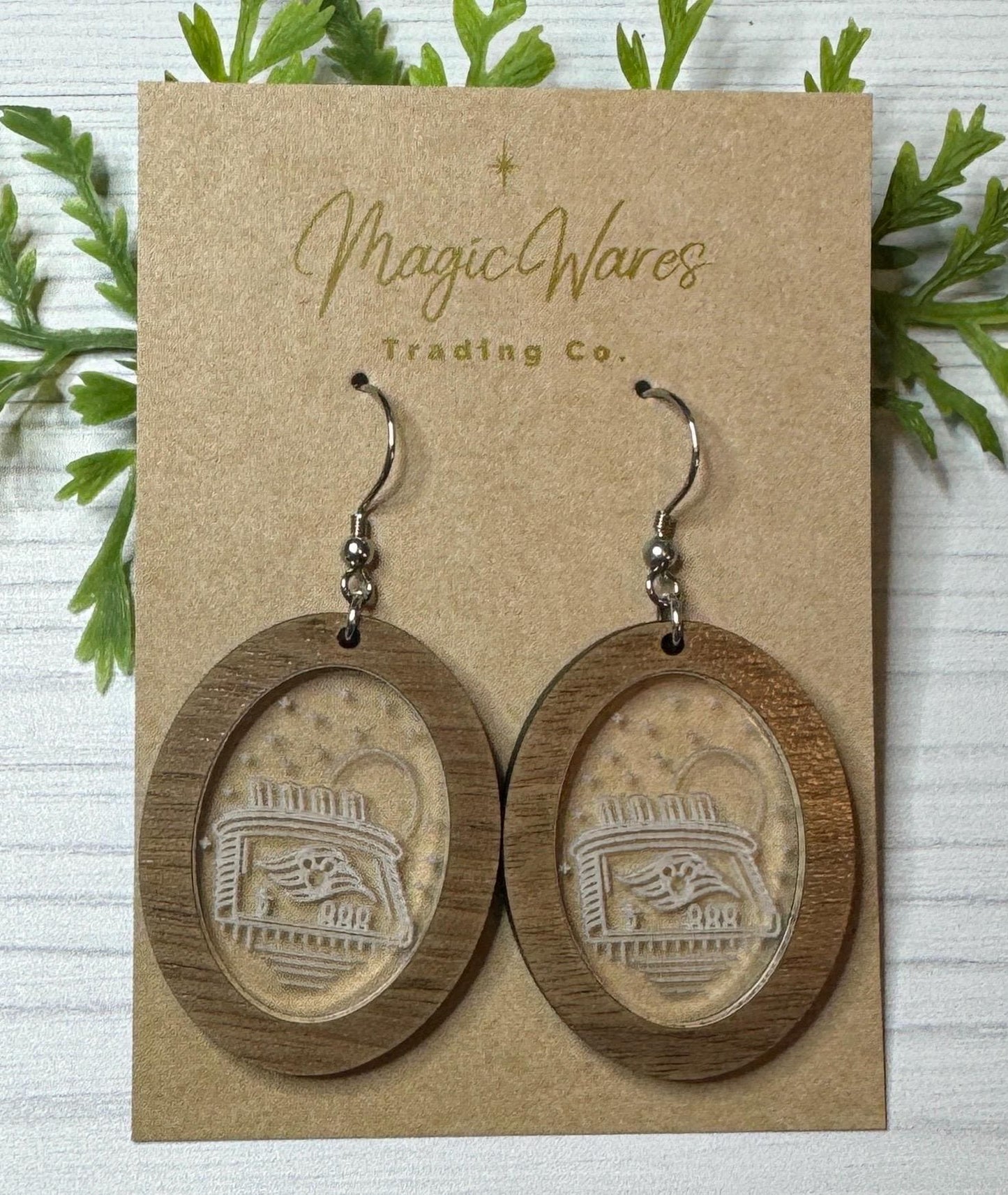 Magical Cruise Hardwood Oval Earrings, Laser Engraved Crystal Acrylic Dangle Earrings, Cruise Ship lightweight acrylic earrings