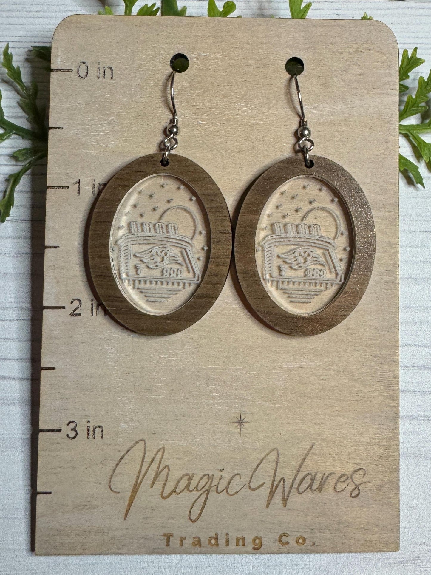 Magical Cruise Hardwood Oval Earrings, Laser Engraved Crystal Acrylic Dangle Earrings, Cruise Ship lightweight acrylic earrings