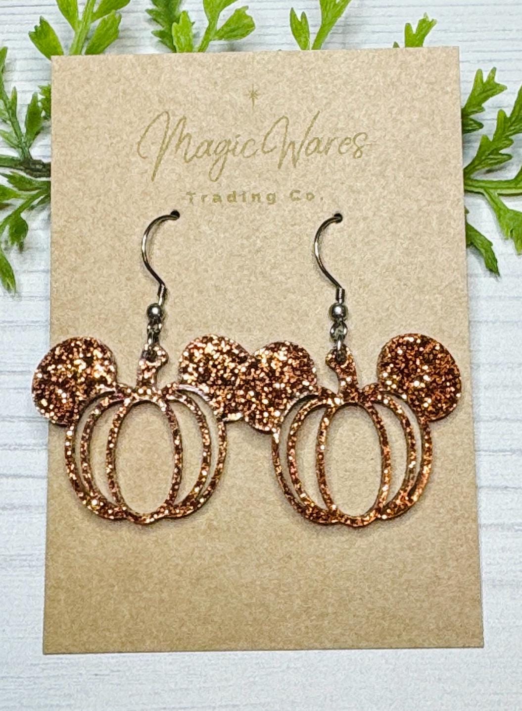 Pumpkin Glitter Mouse Dangle Earrings, Laser cut Pumpkin Spice glitter Acrylic Earrings, Lightweight Acrylic Halloween Pumpkin Earrings
