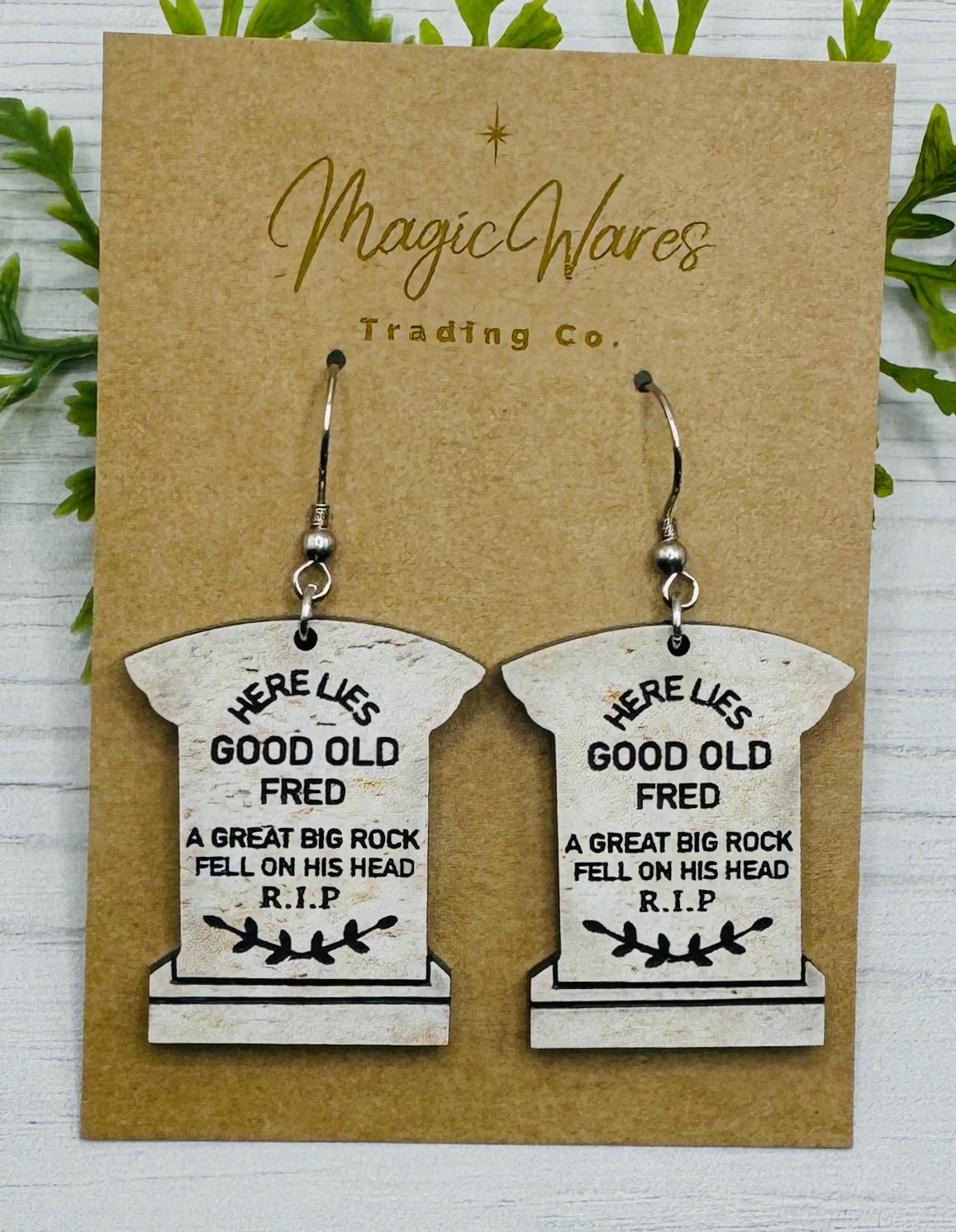 Good Old Fred Tombstone Laser cut Dangle Earrings, Engraved Faux Marble Stone Acrylic Earrings, Halloween earrings, Haunted Mansion earrings