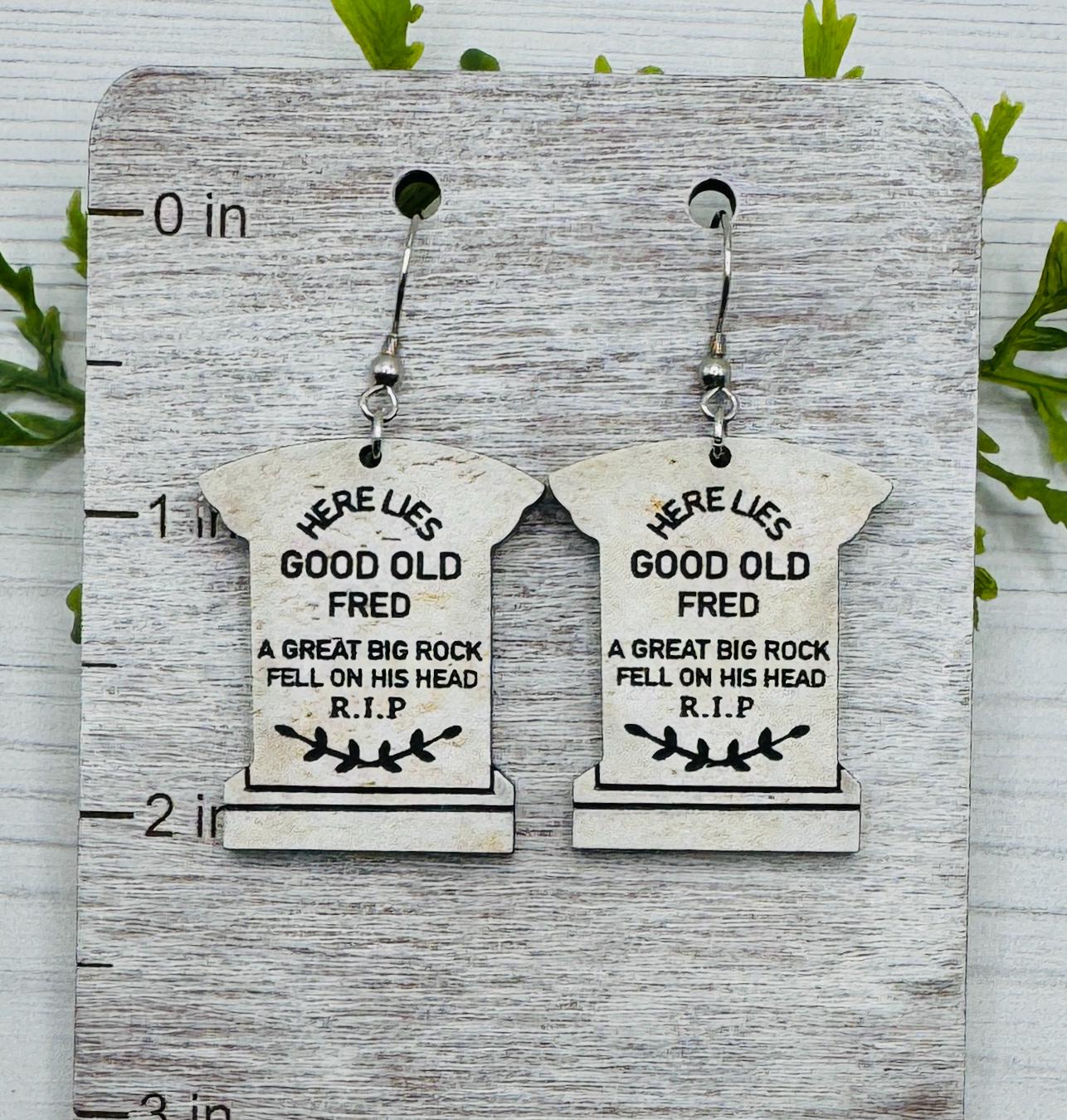 Good Old Fred Tombstone Laser cut Dangle Earrings, Engraved Faux Marble Stone Acrylic Earrings, Halloween earrings, Haunted Mansion earrings