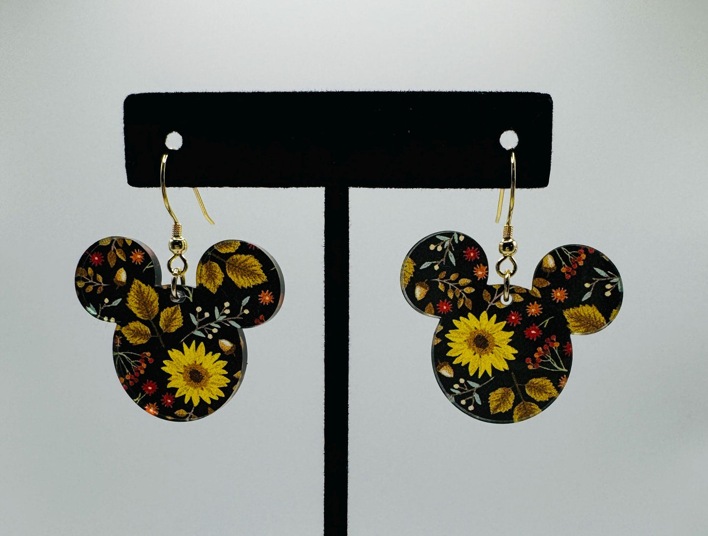 Dark Fall Sunflower Mouse Laser Cut, Sunflower patterned Crystal Acrylic Earrings, Floral Earrings For Fall, Sunflower earrings