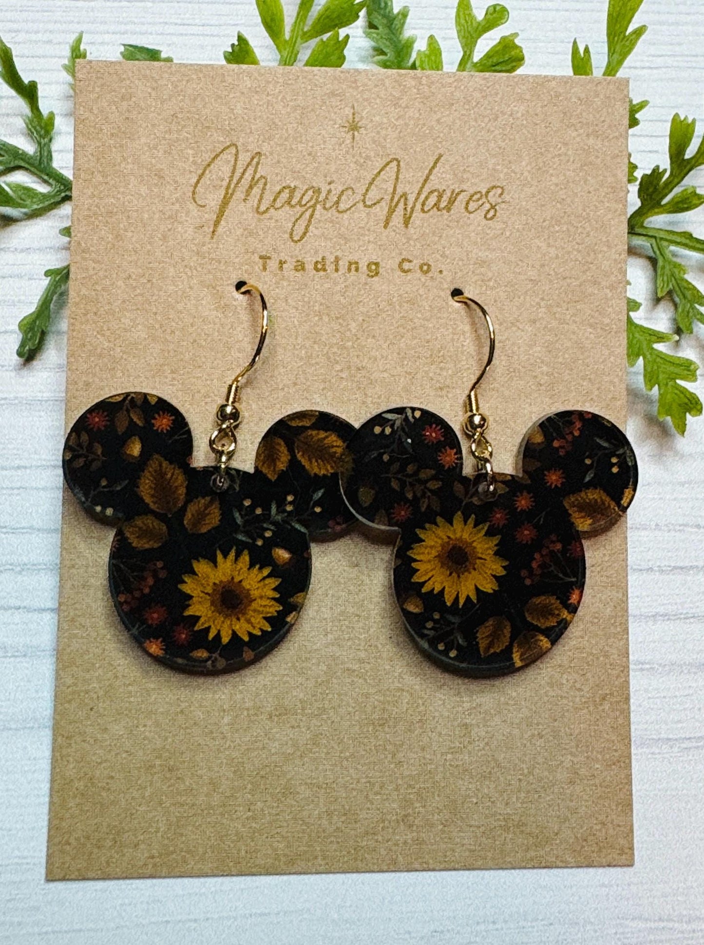 Dark Fall Sunflower Mouse Laser Cut, Sunflower patterned Crystal Acrylic Earrings, Floral Earrings For Fall, Sunflower earrings