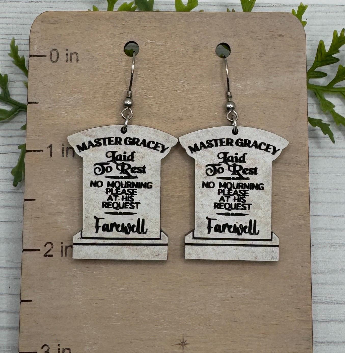 Master Gracey Tombstone Laser cut Dangle Earrings, Engraved Faux Stone Acrylic Earrings, Halloween earrings, Haunted Mansion earrings