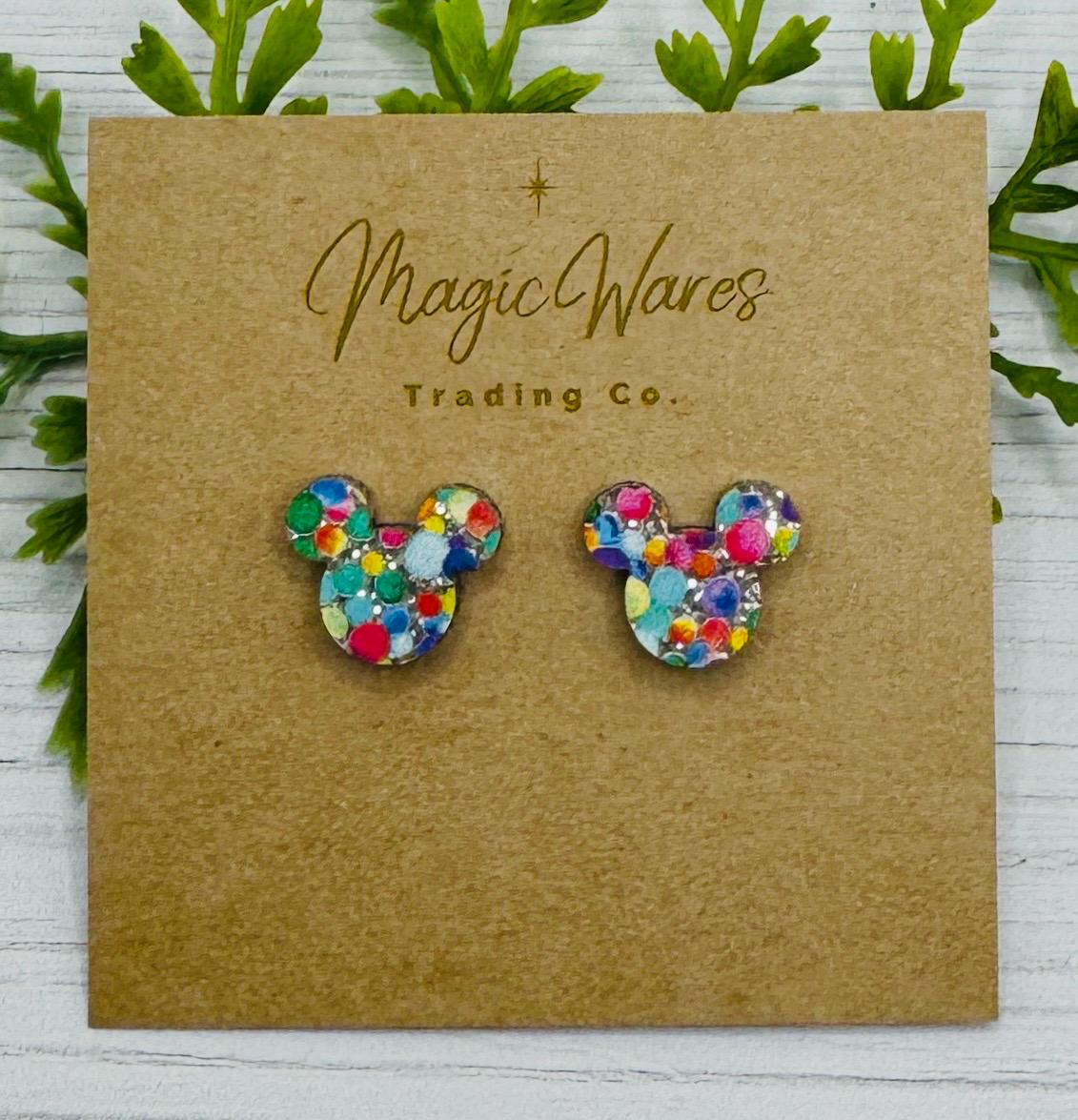 Rainbow dot glitter Mouse Stud, Rainbow Dot printed pattern on a silver glitter acrylic, pierced earlobe post earrings