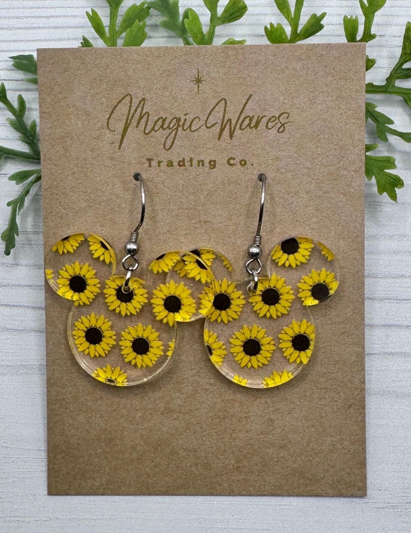 Sunflower Mouse Laser Cut, Sunflower patterned Crystal Acrylic Earrings, Floral Earrings For Fall