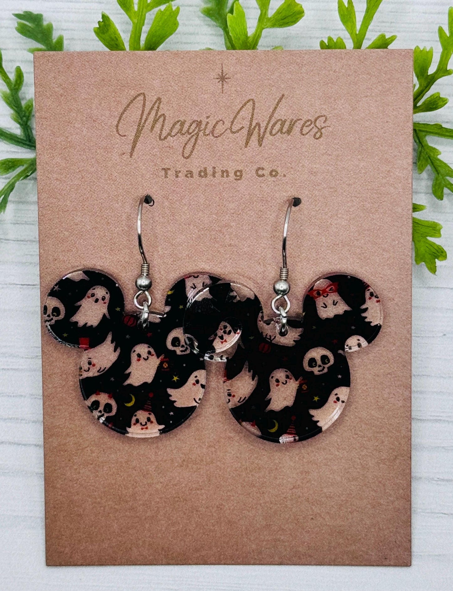 Friendly Ghosts Mouse shaped Dangle Earring, Laser cut Ghost Pattern Crystal Acrylic Earrings, Halloween earrings