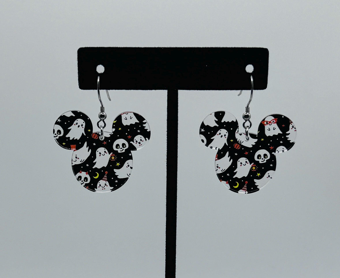 Friendly Ghosts Mouse shaped Dangle Earring, Laser cut Ghost Pattern Crystal Acrylic Earrings, Halloween earrings