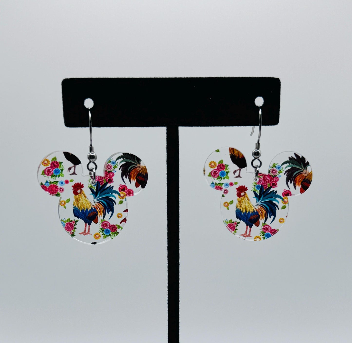Hei Hei Inspired Laser Cut Dangle Earrings , Chicken patterned Crystal Acrylic Earrings, Lightweight Dangle Earrings, Mousehead earrings